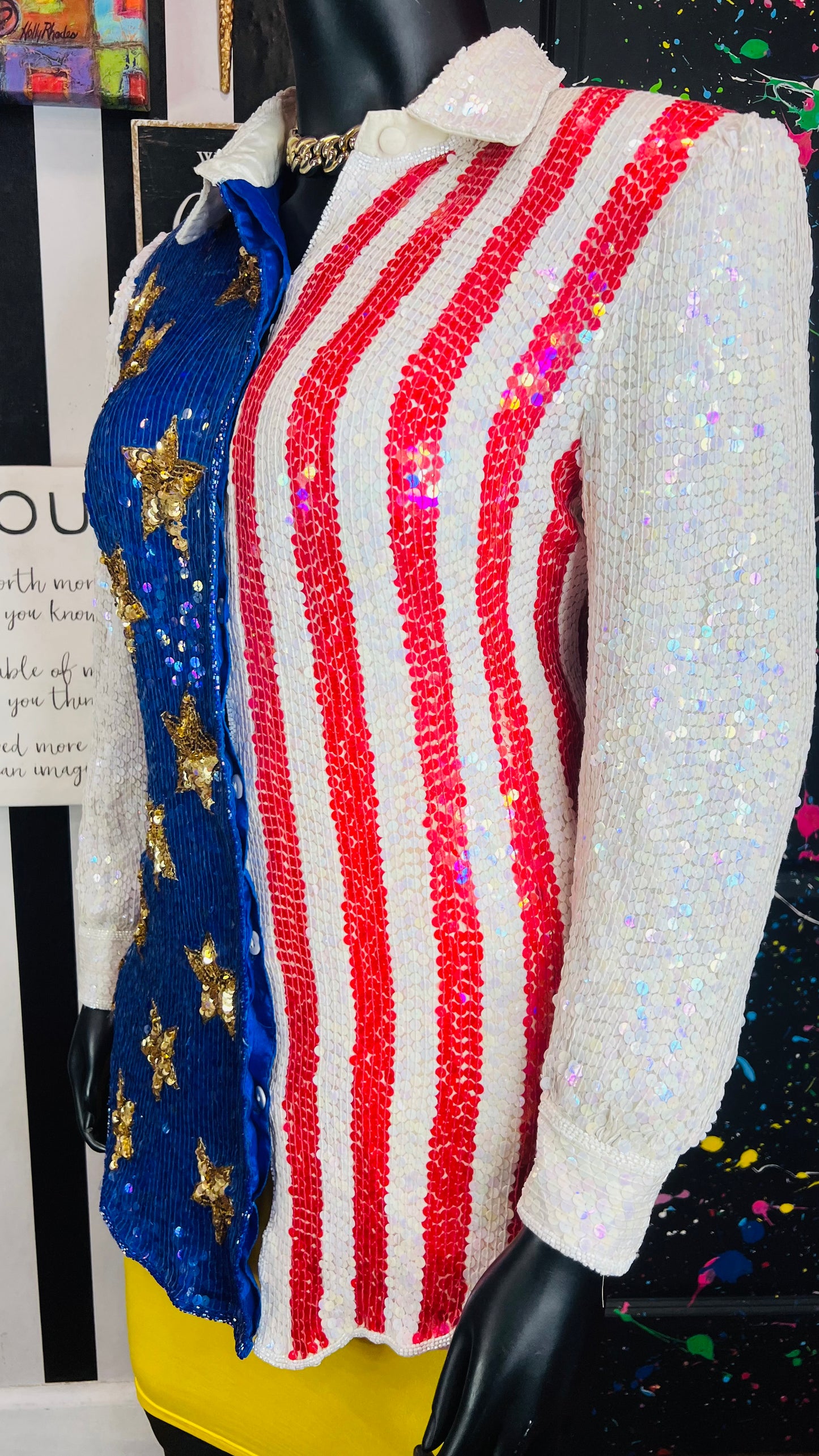 Vintage 100% Silk Sequin American Flag Blouse (20)