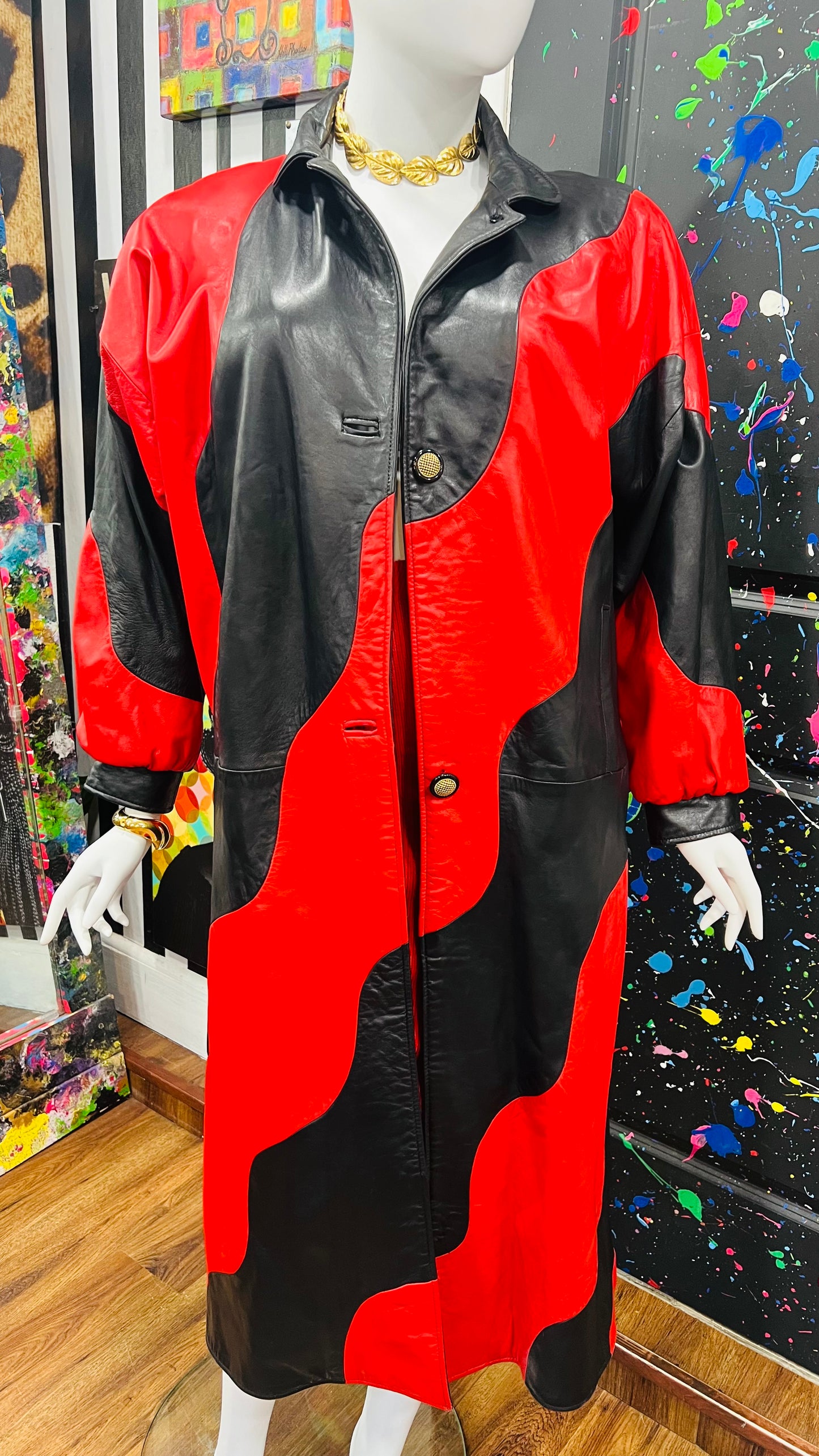 Vintage Genuine Leather Red & Black Trench Coat (16)