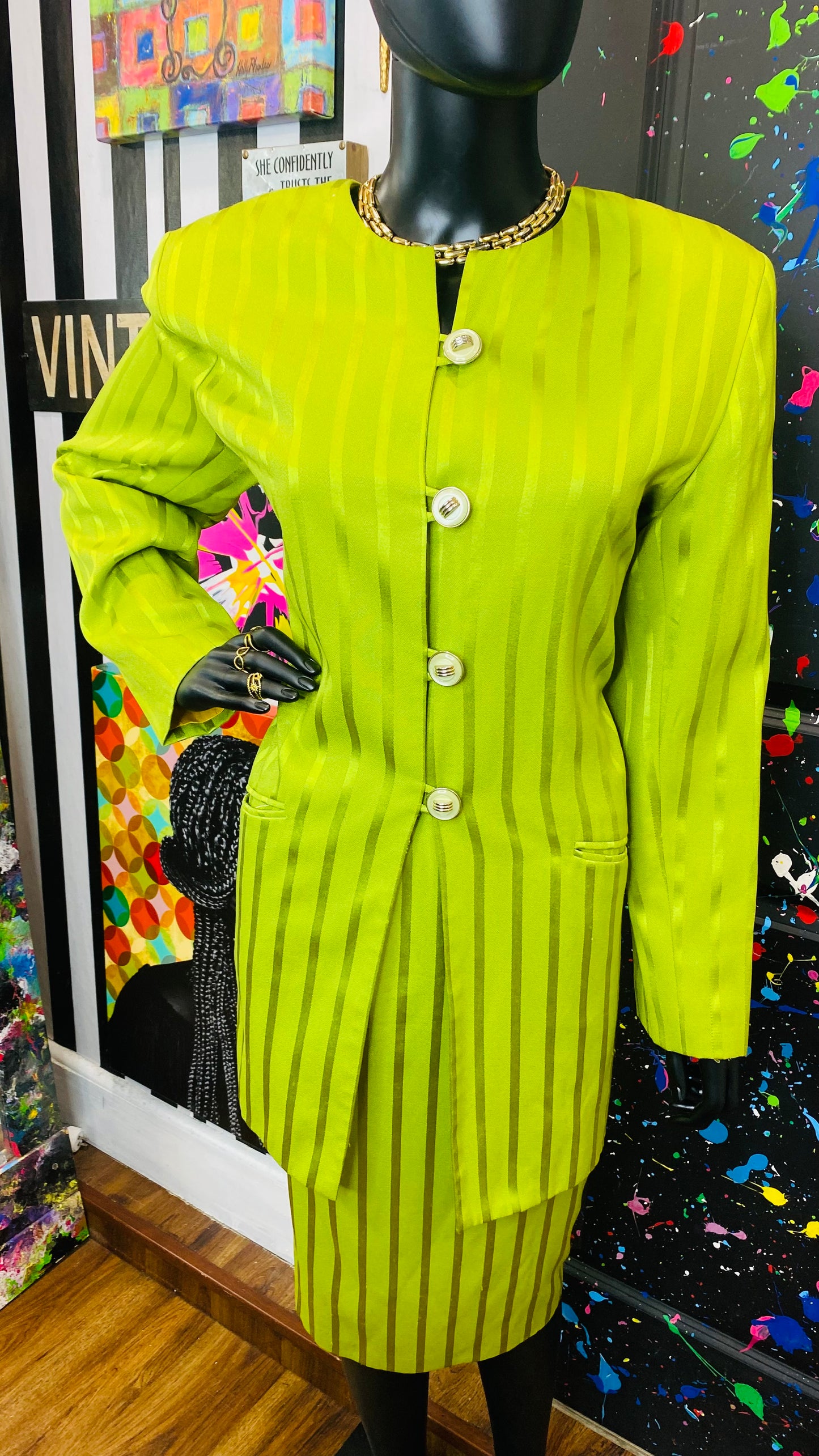 Vintage Green Striped Skirt Suit (14)