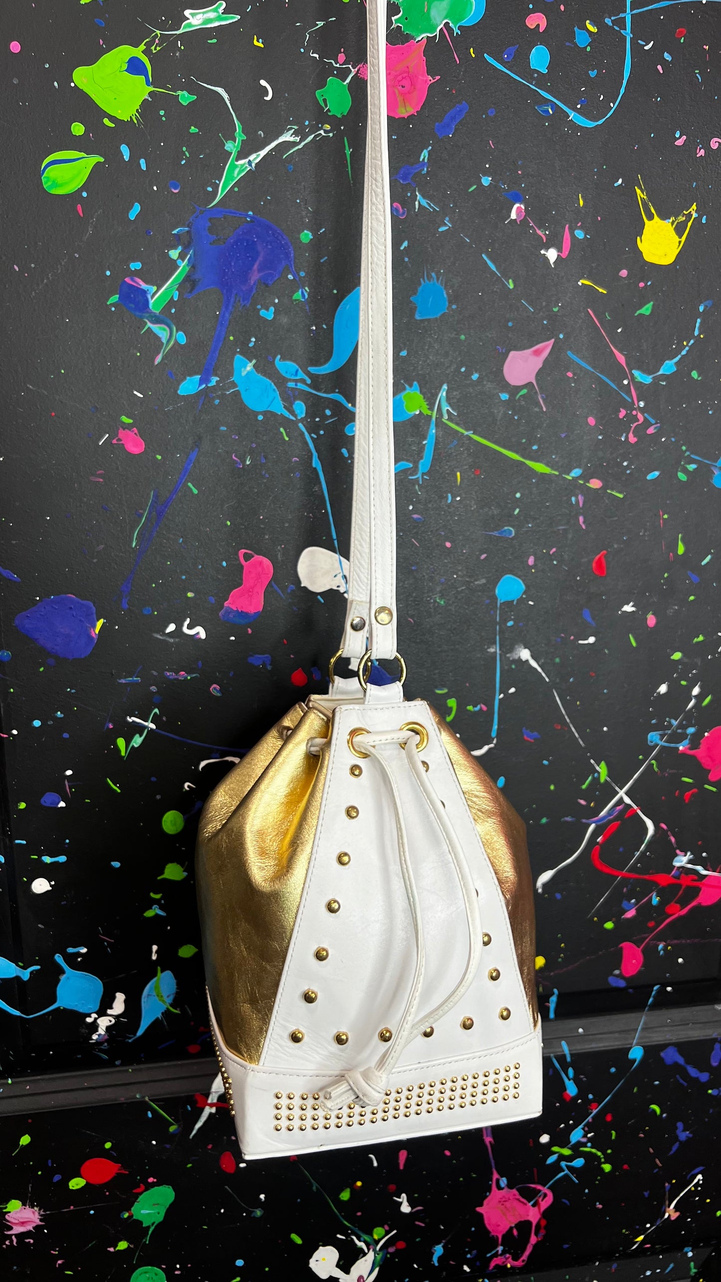 Vintage Genuine Leather Gold & White Studded Bucket Bag