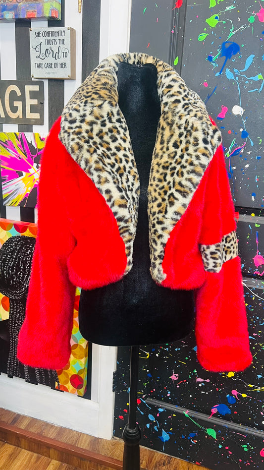 Faux Fur Red & Cheetah Cropped Jacket (12/14)