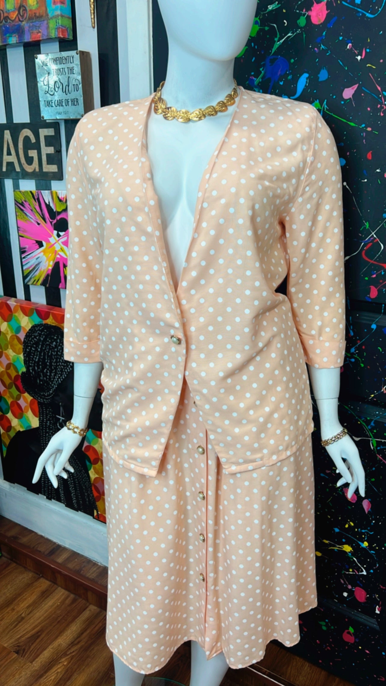 Vintage Peach Polka Dot & White Skirt & Blazer Set (16/18)