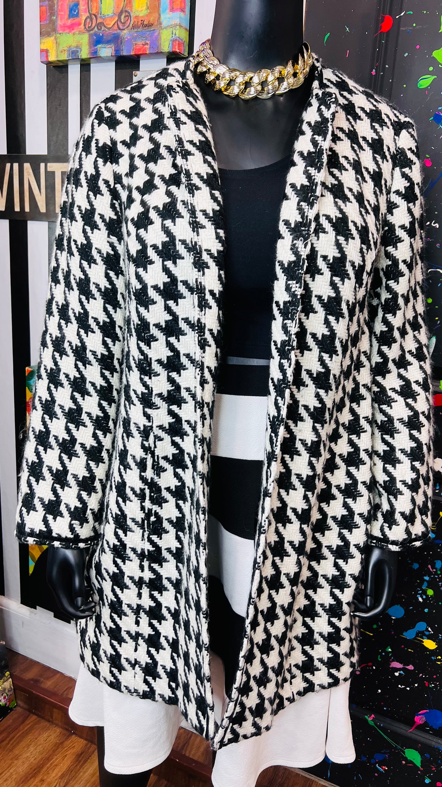 Vintage Black & White Houndstooth Wool Coat (20W)