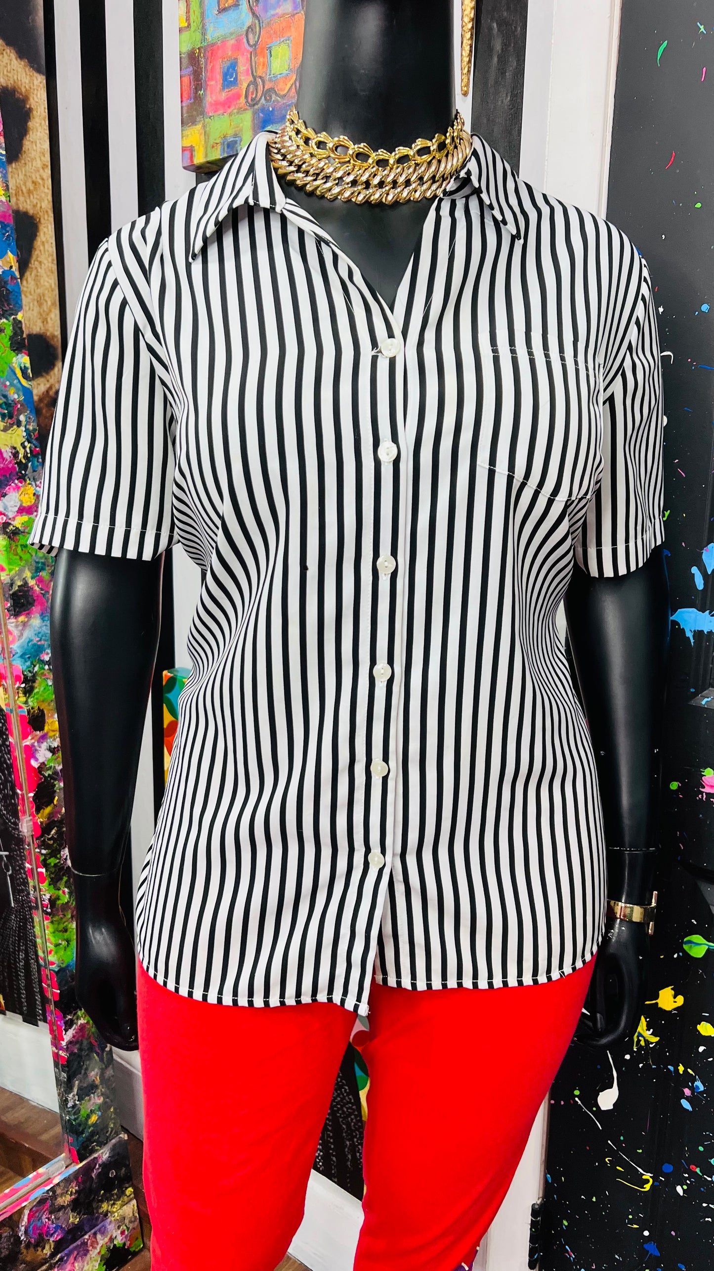 Vintage Black & White Striped Blouse (18)