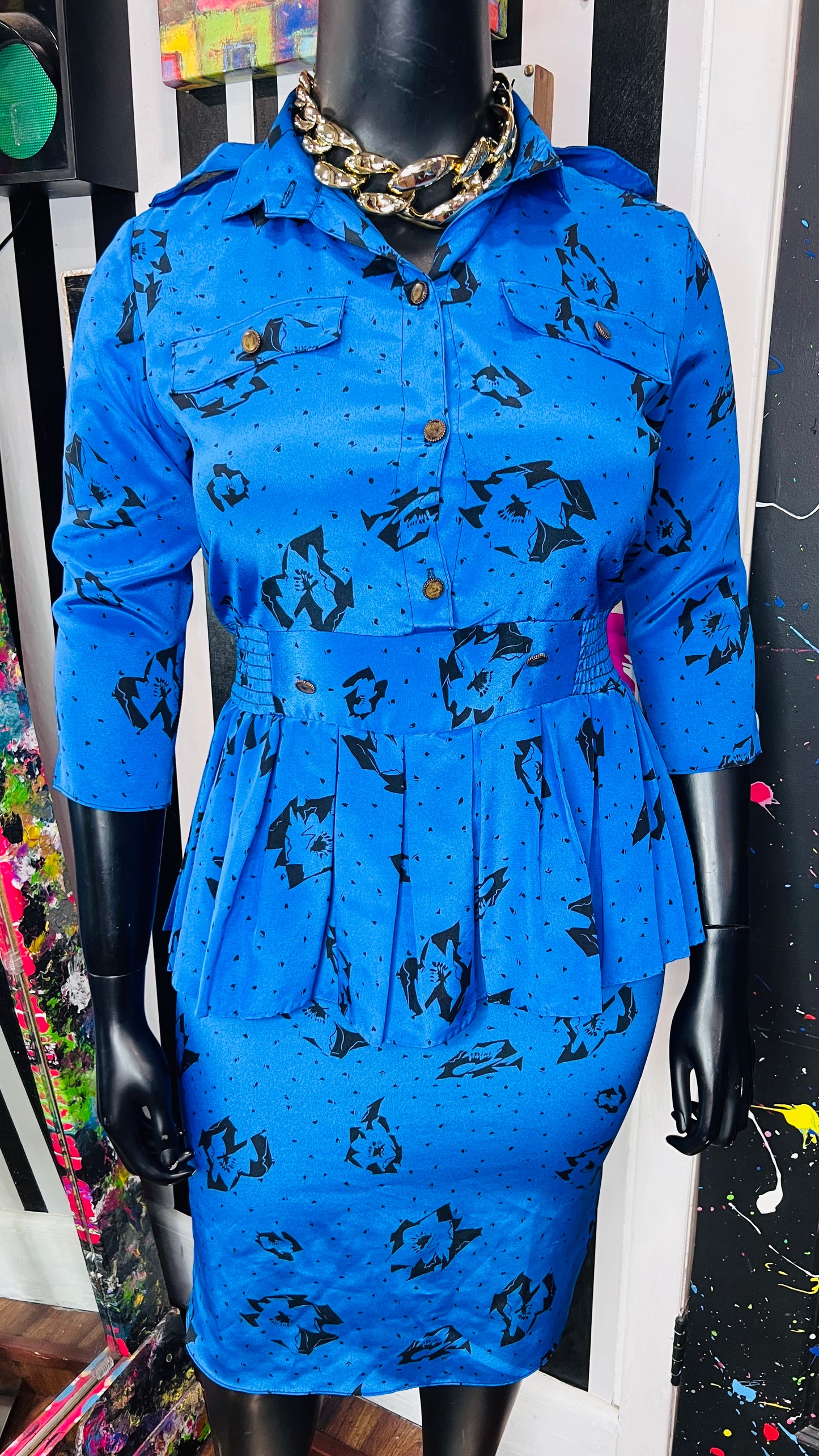 Vintage Blue & Black Peplum Dress (12)