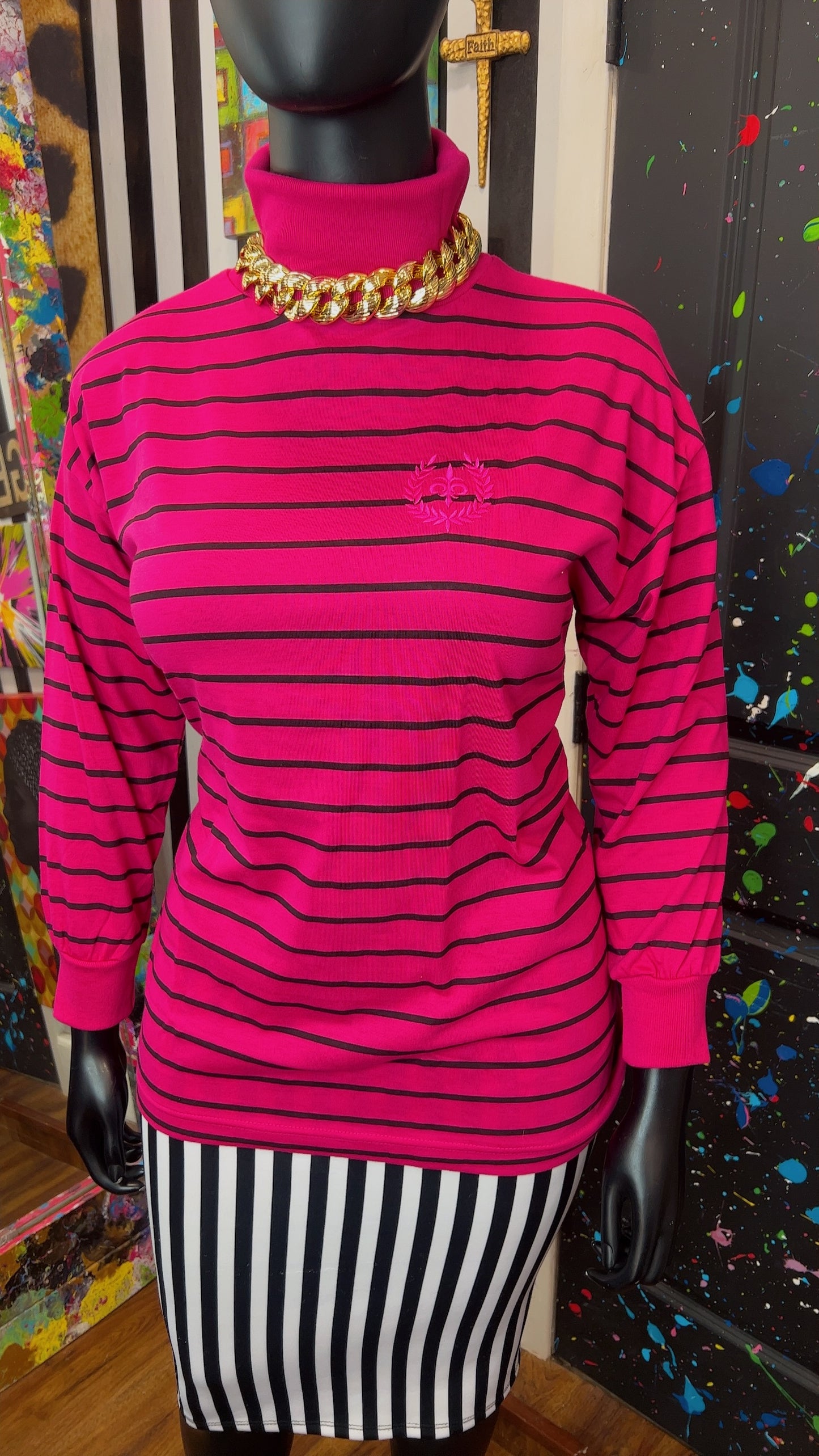 Vintage 100% Cotton Black Striped Turtle Neck - Pink (18)