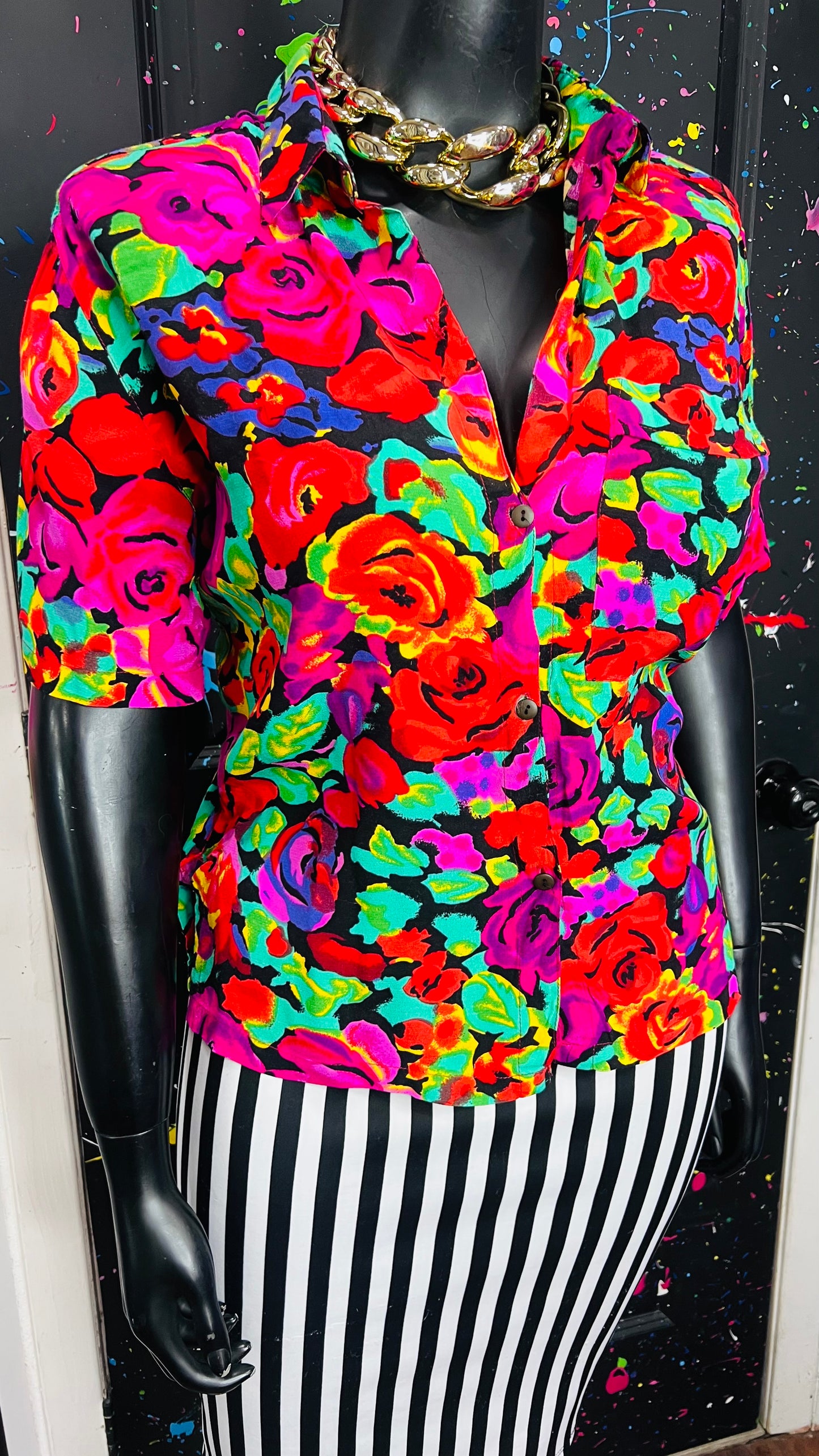Vintage Rayon Vibrant Floral Blouse (18) *KC