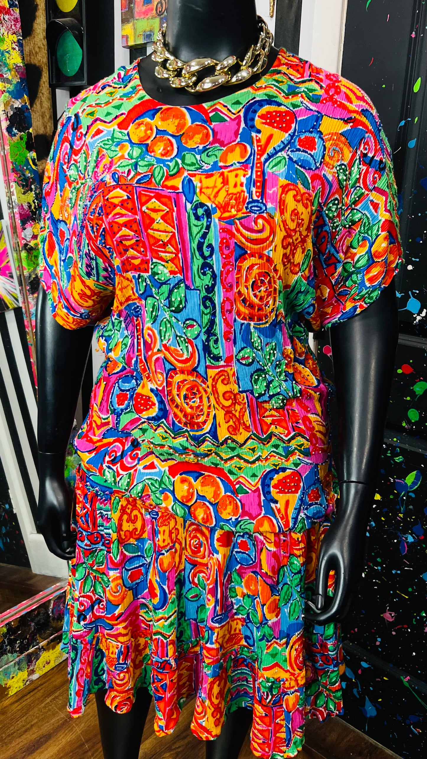 Vintage Sequin Rayon Floral Skirt Set (16) *KC