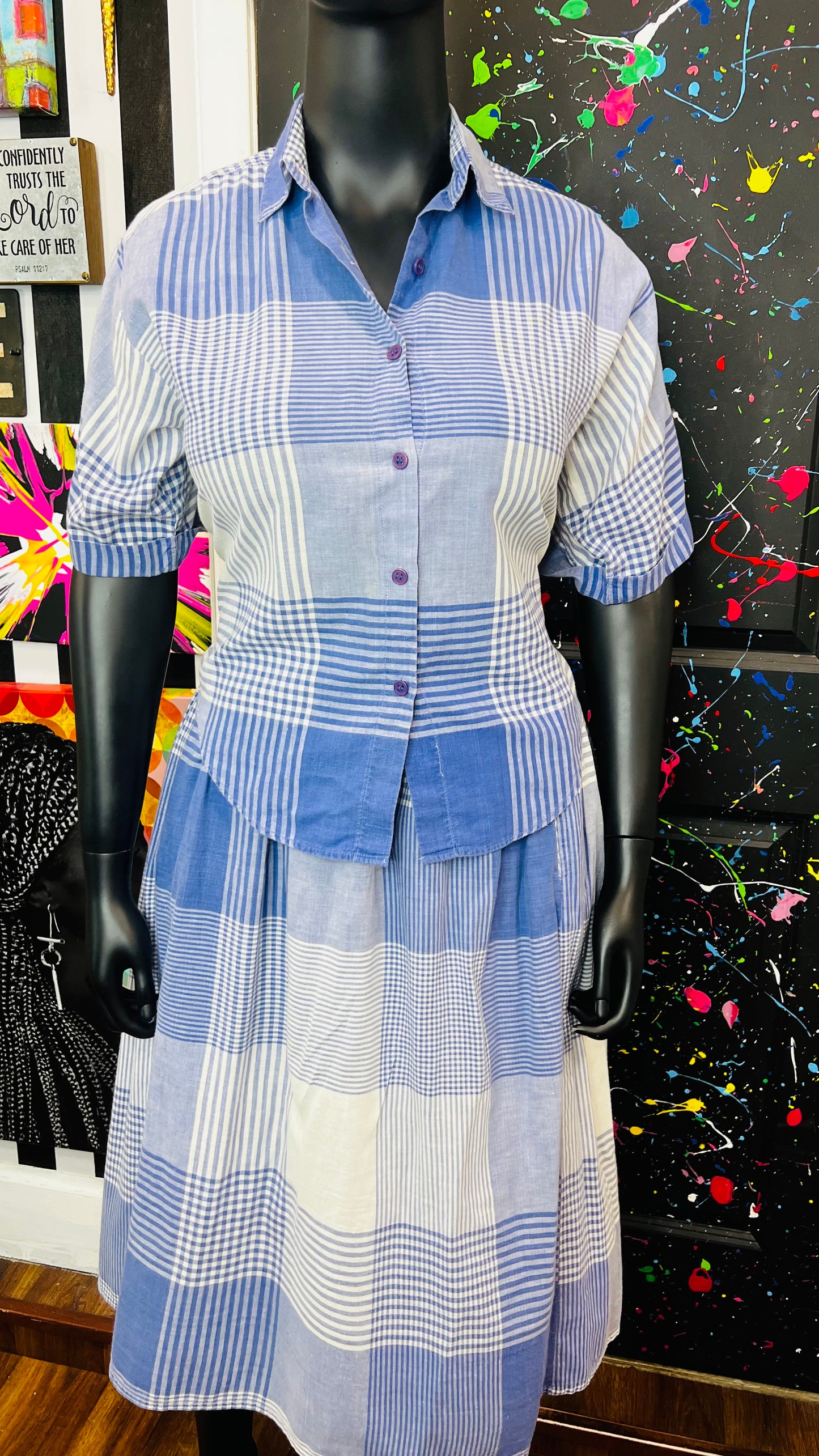 Vintage Plaid Blue & Cotton White Skirt Set (14)