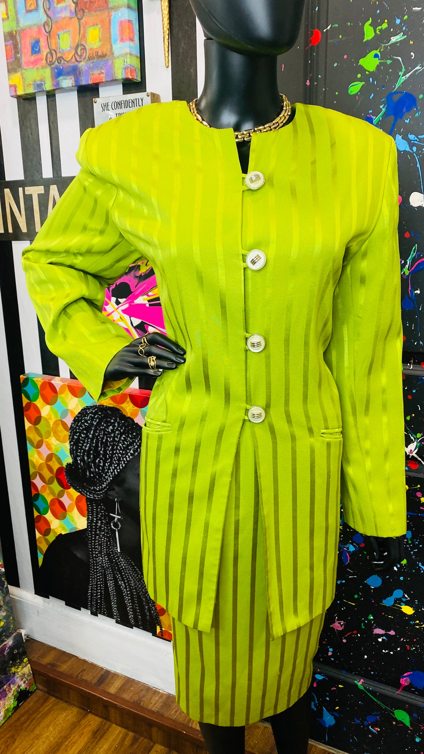 Vintage Green Striped Skirt Suit (14)