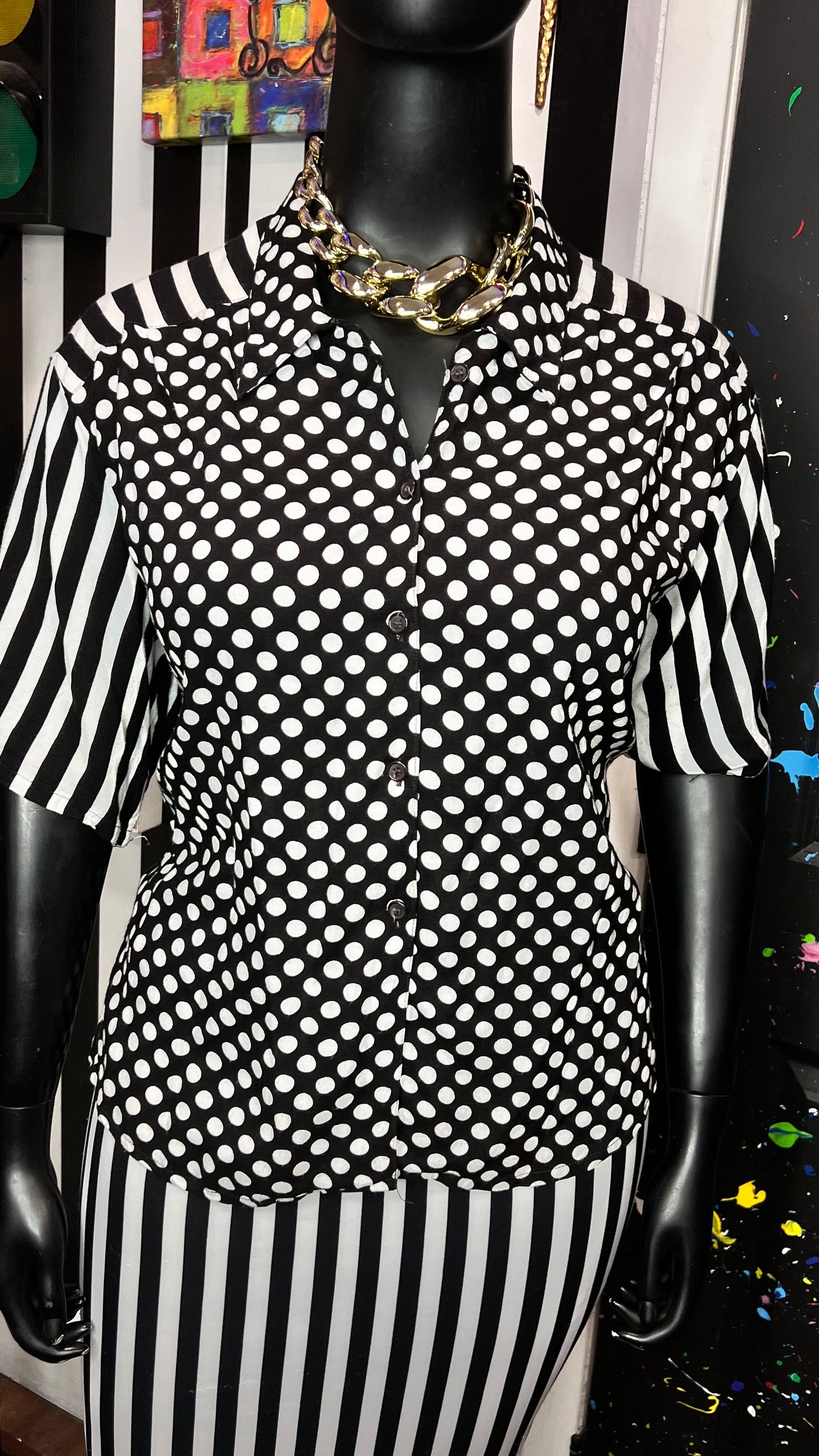 Vintage Rayon Polka Dot & Striped Blouse (20)