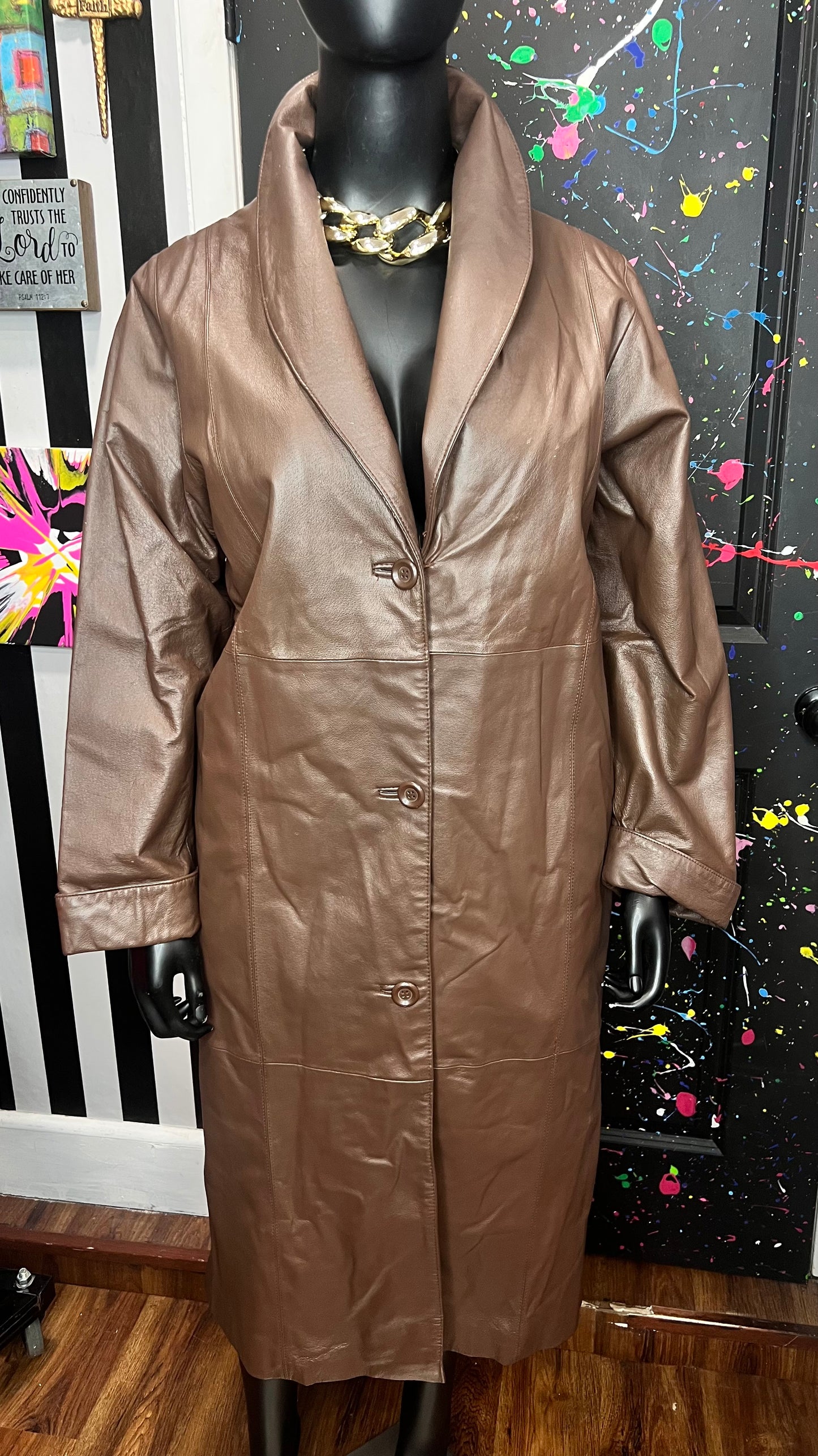 Vintage Chocolate Brown Genuine Leather Trench Coat (16)