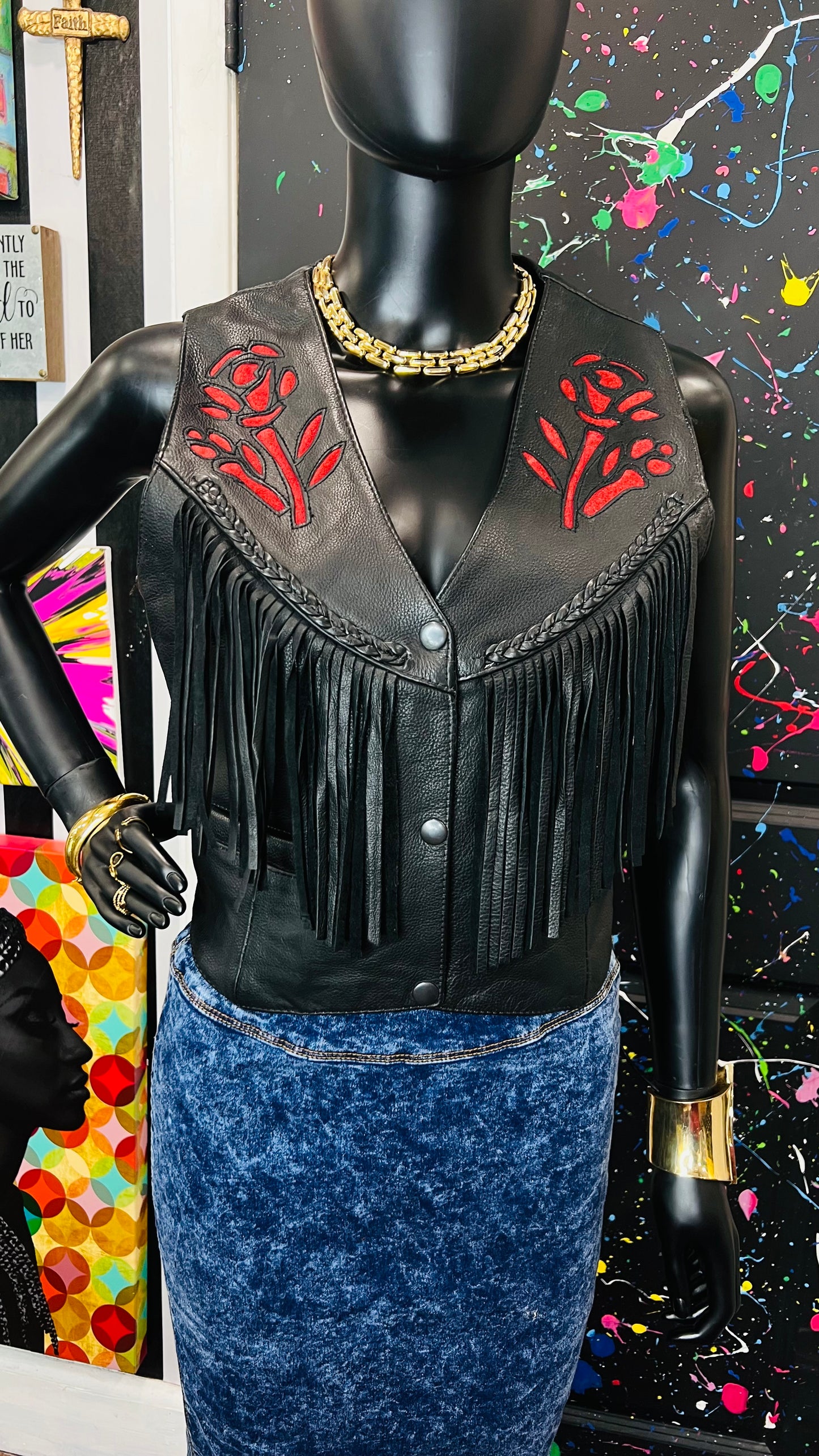 Vintage Genuine Leather Rose Fringe Vest (12)