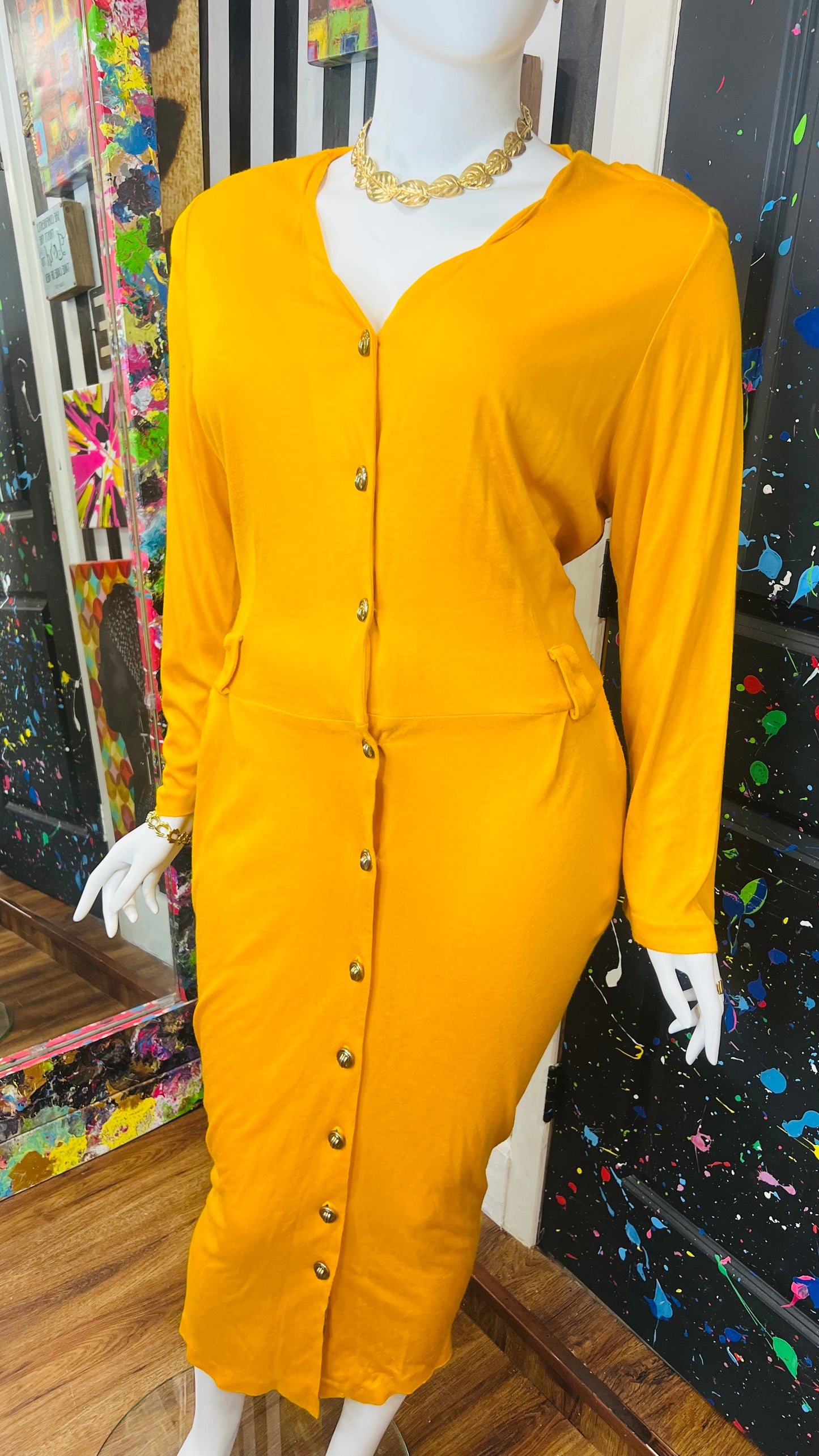 Vintage Cotton Mustard Yellow- Stretch Dress (20)