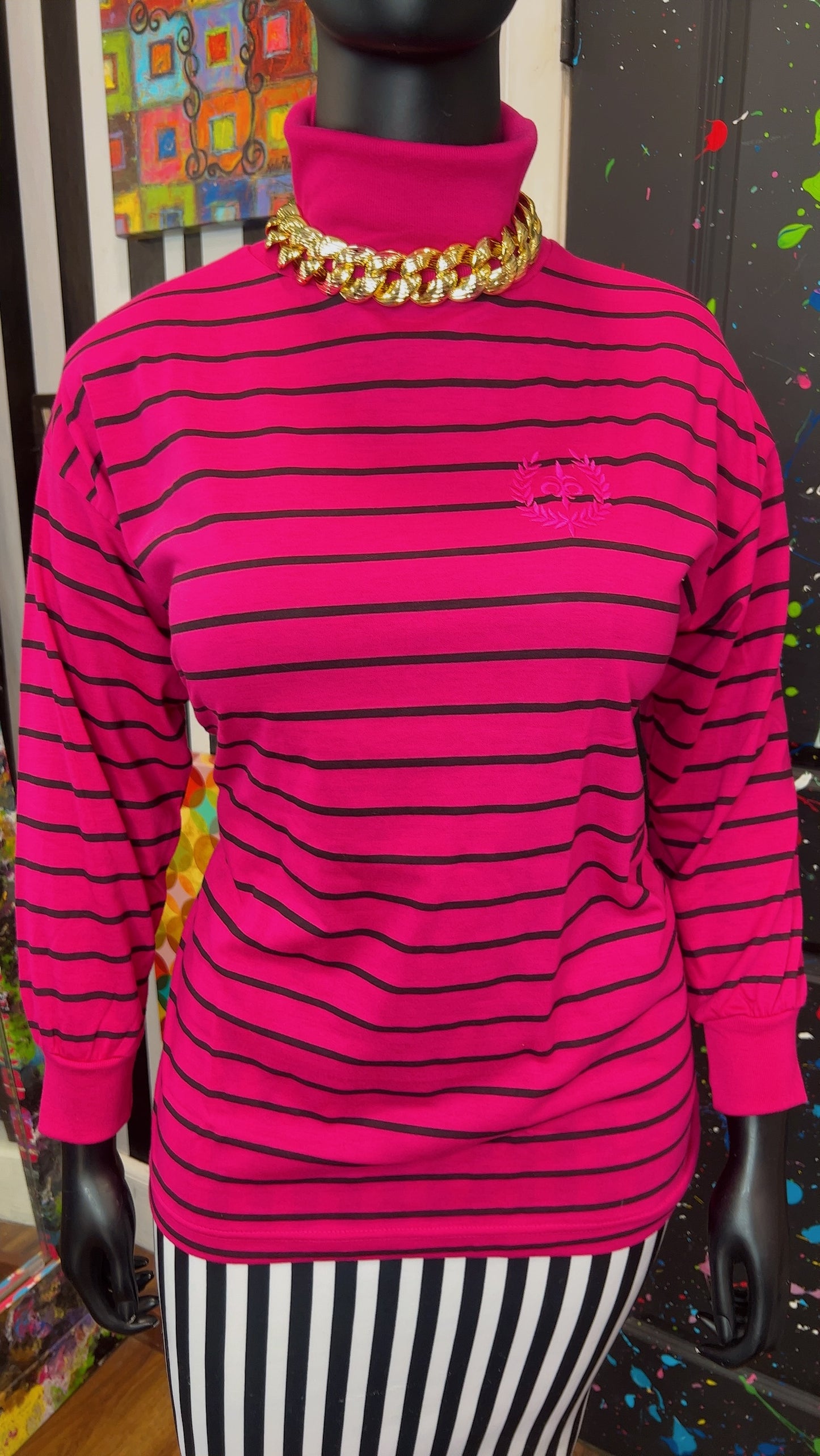 Vintage 100% Cotton Black Striped Turtle Neck - Pink (18)