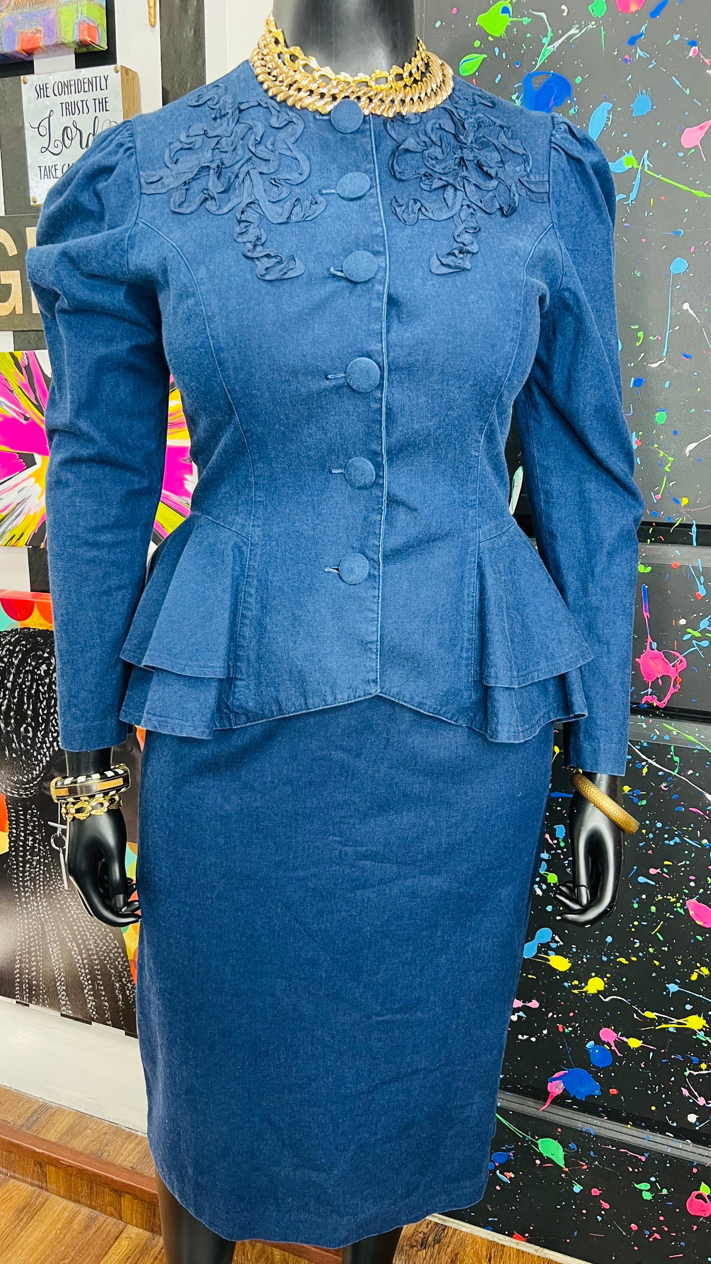 Vintage Denim Peplum Skirt Set (13/14)