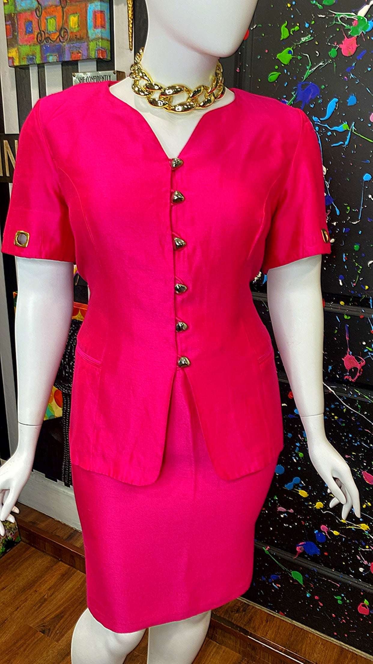 Vintage Vibrant Pink Skirt Suit W/ Gold Accents (20W)