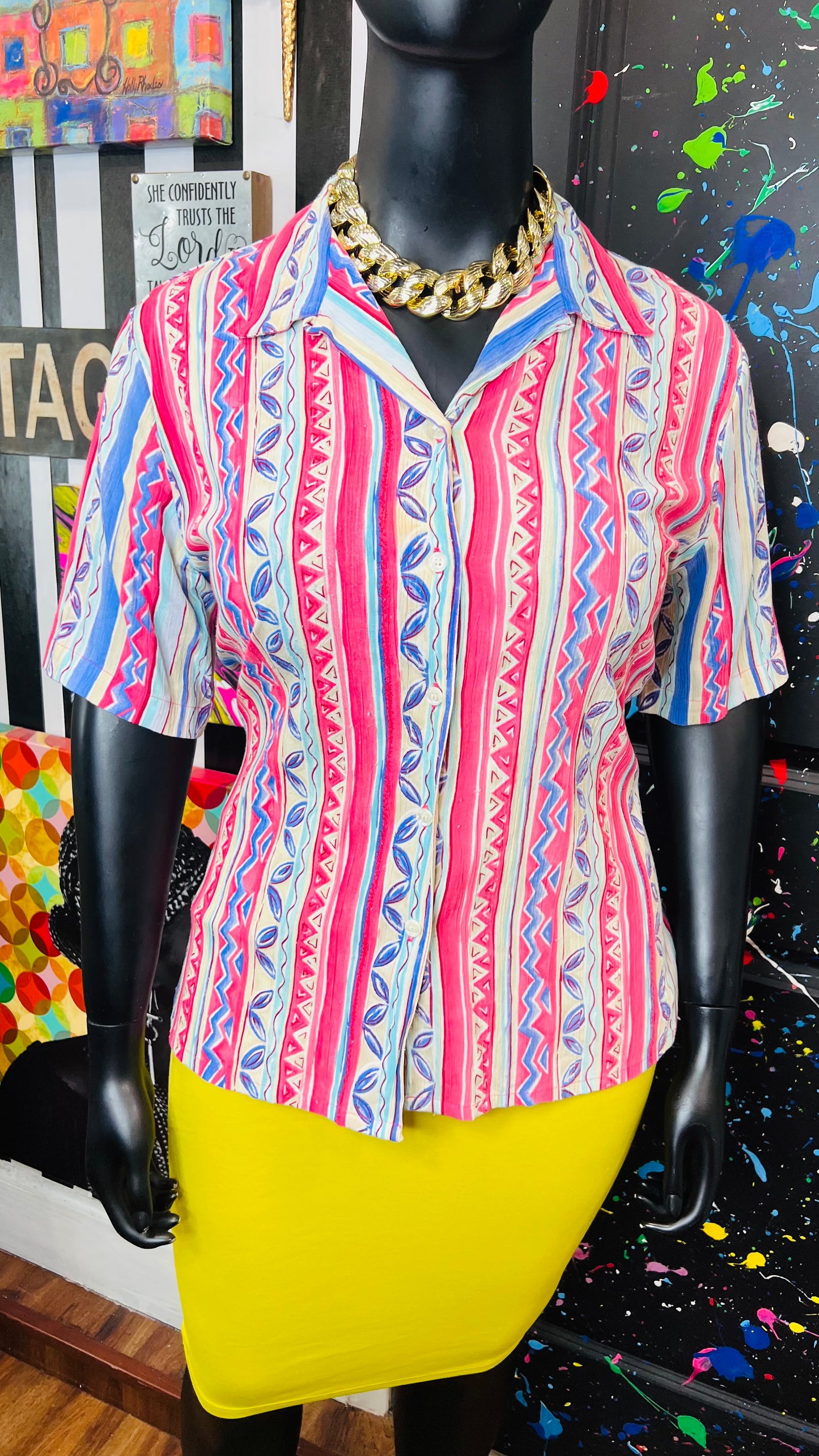 Vintage Rayon Tribal Print Pastel Blouse (14)