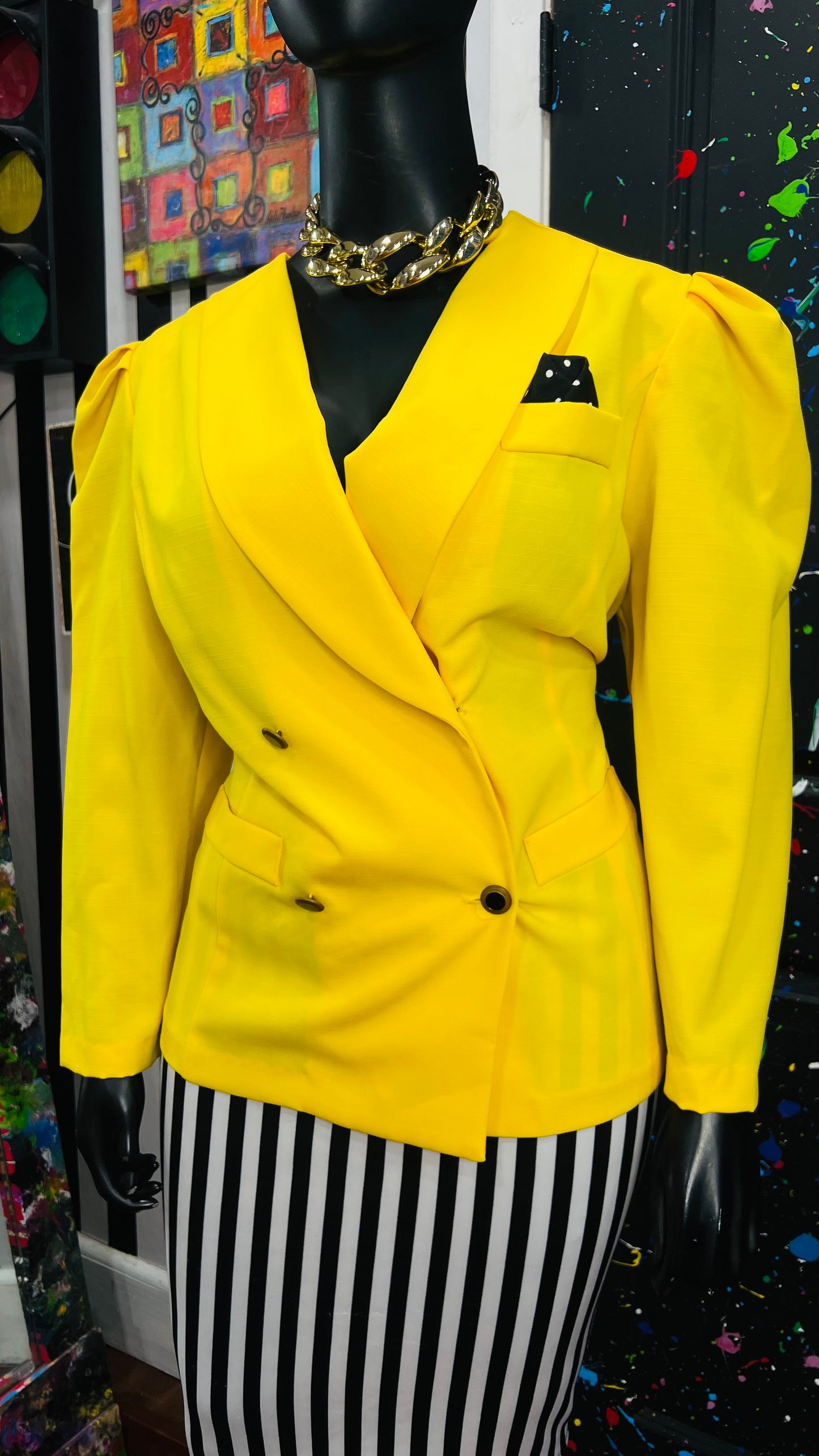 Vintage Yellow & Black & White Polka Dot Short Sleeve Blouse (22)