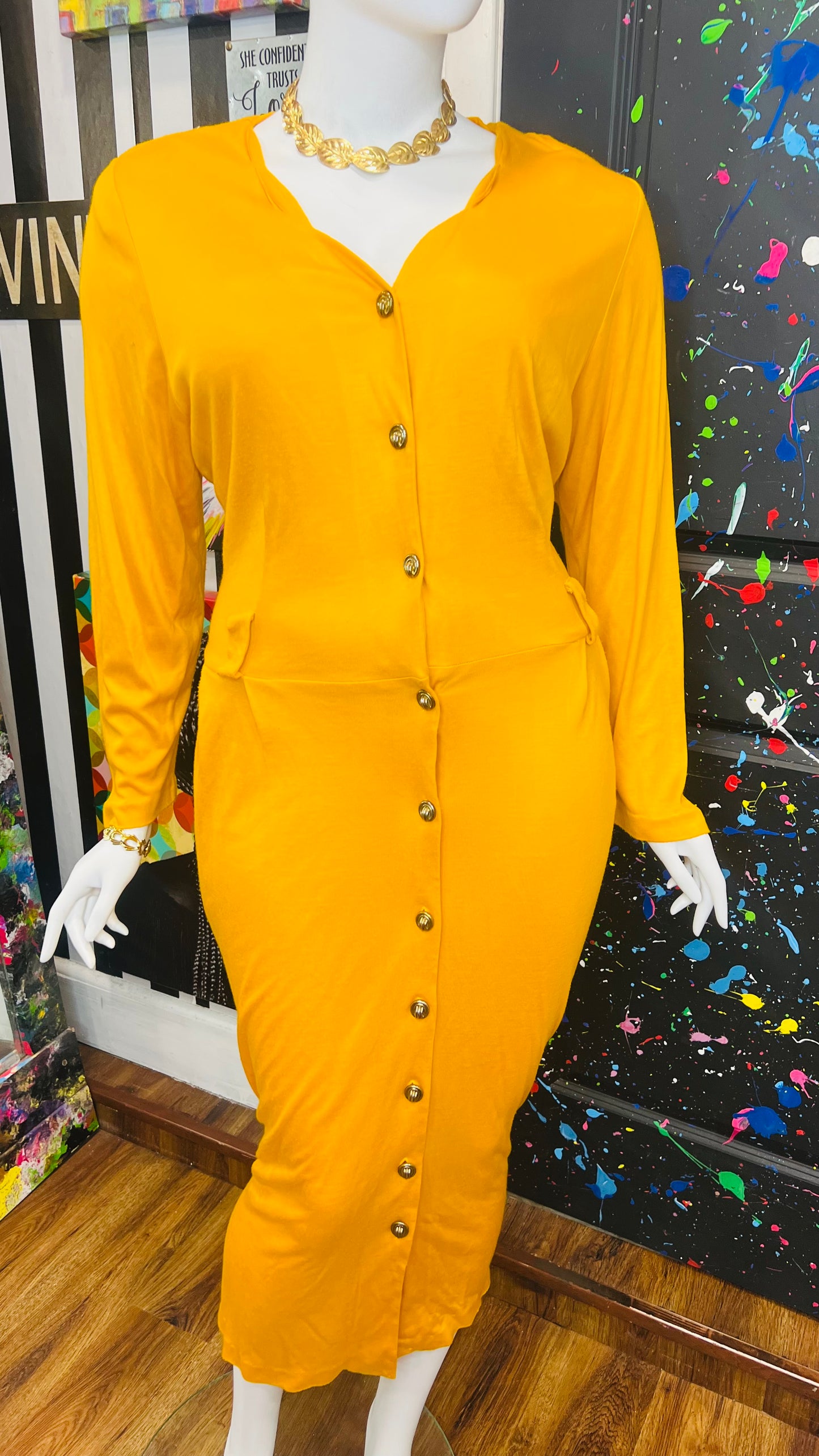 Vintage Cotton Mustard Yellow- Stretch Dress (20)