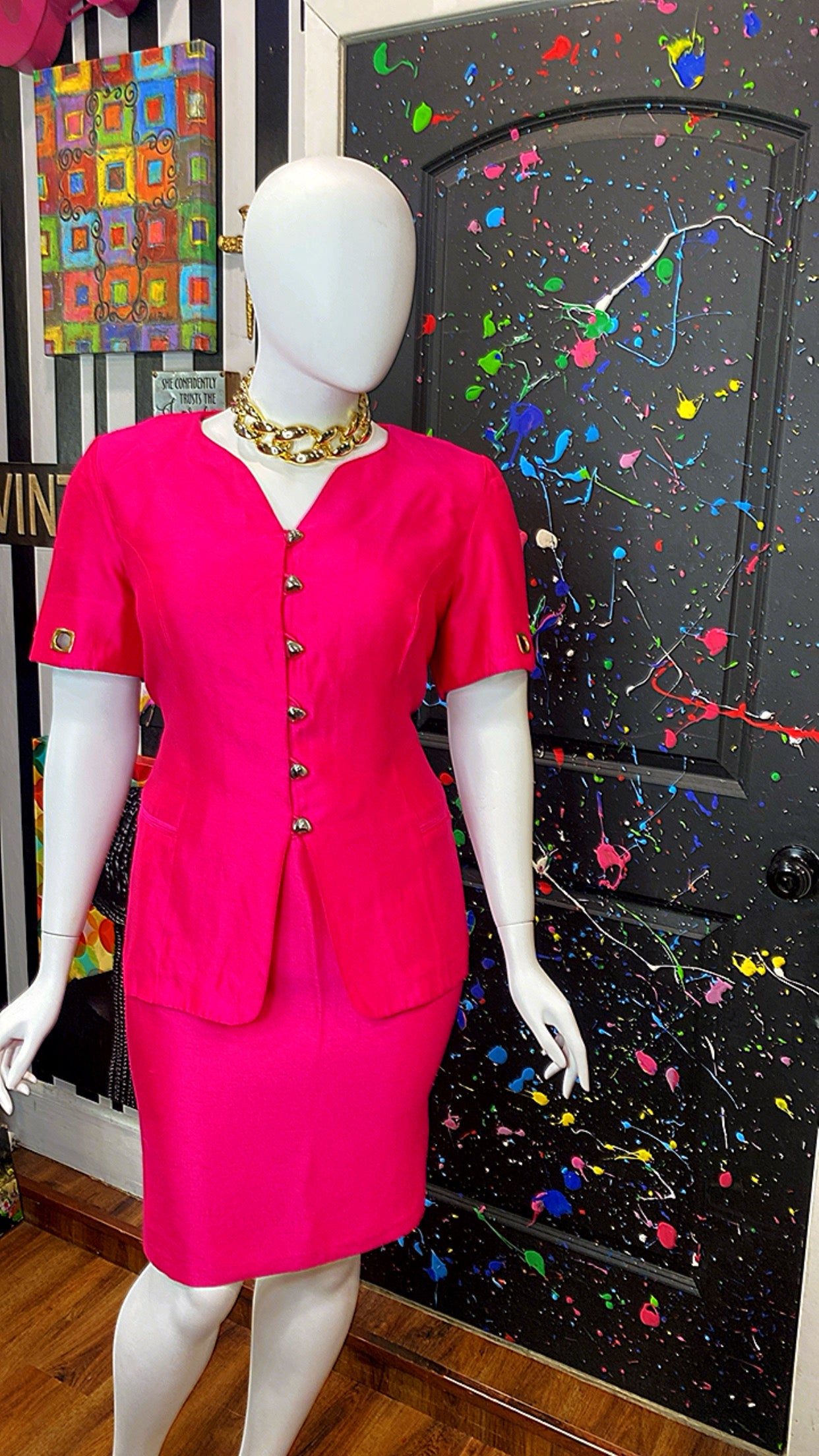 Vintage Vibrant Pink Skirt Suit W/ Gold Accents (20W)