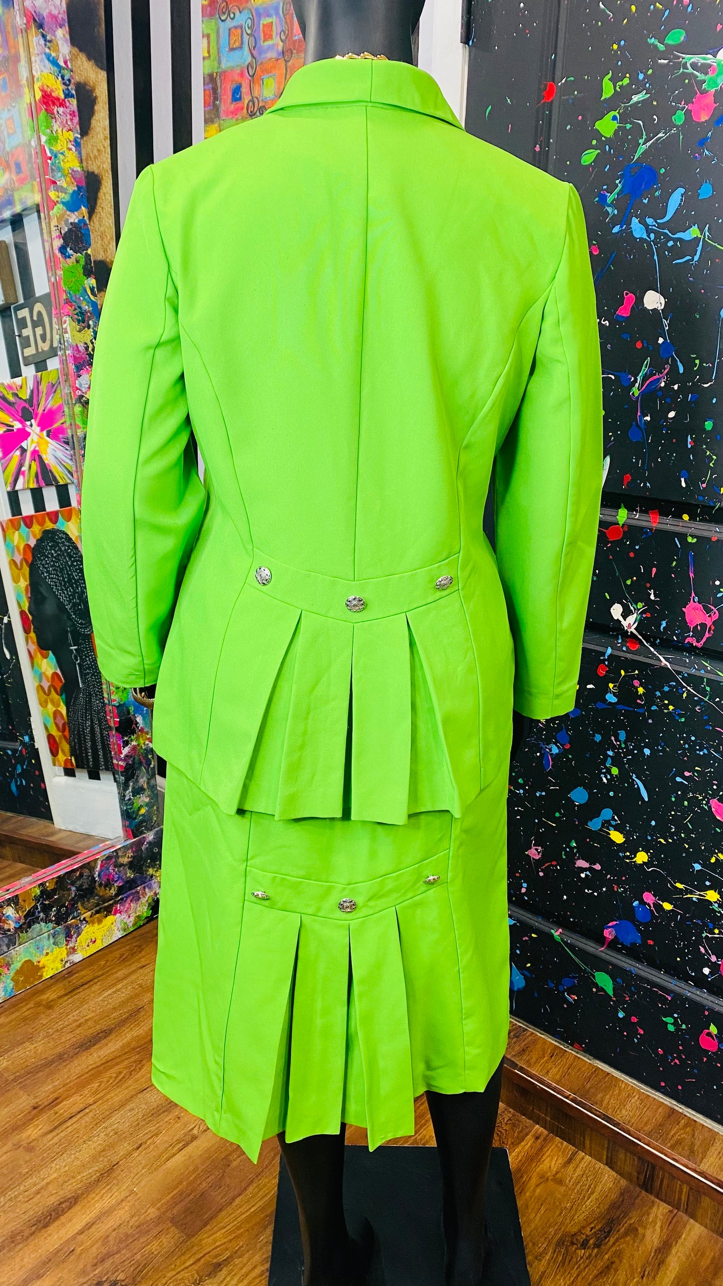 Vintage Bright Green Pleated Skirt Set (16)