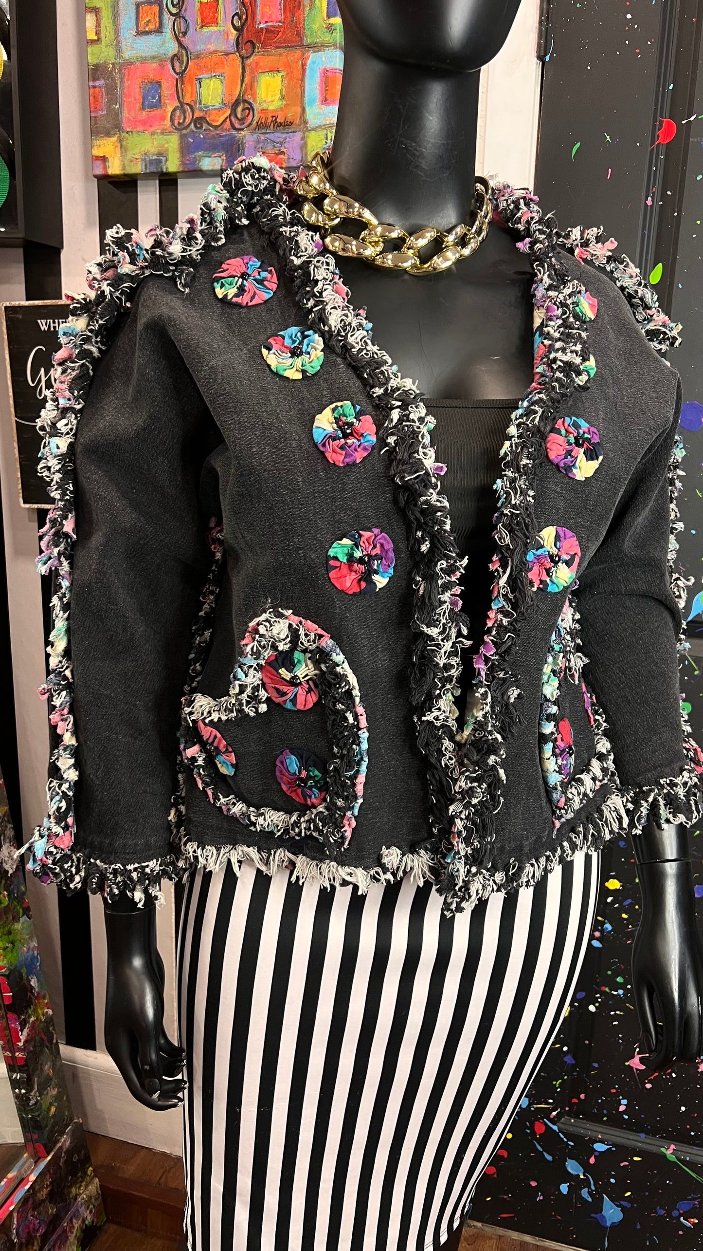 Vintage Black Denim Distressed Cropped Jacket (16)