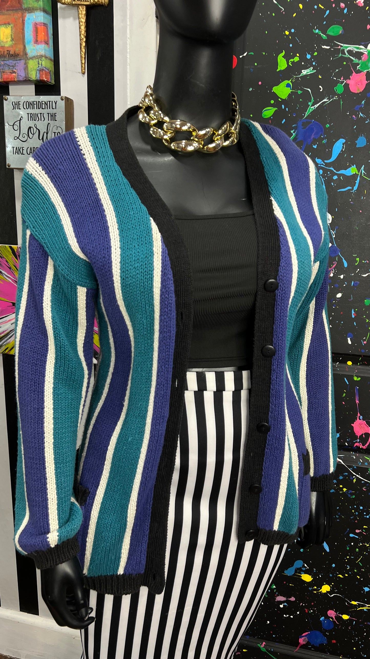 Vintage Blue Black & White Striped Cardigan (16)