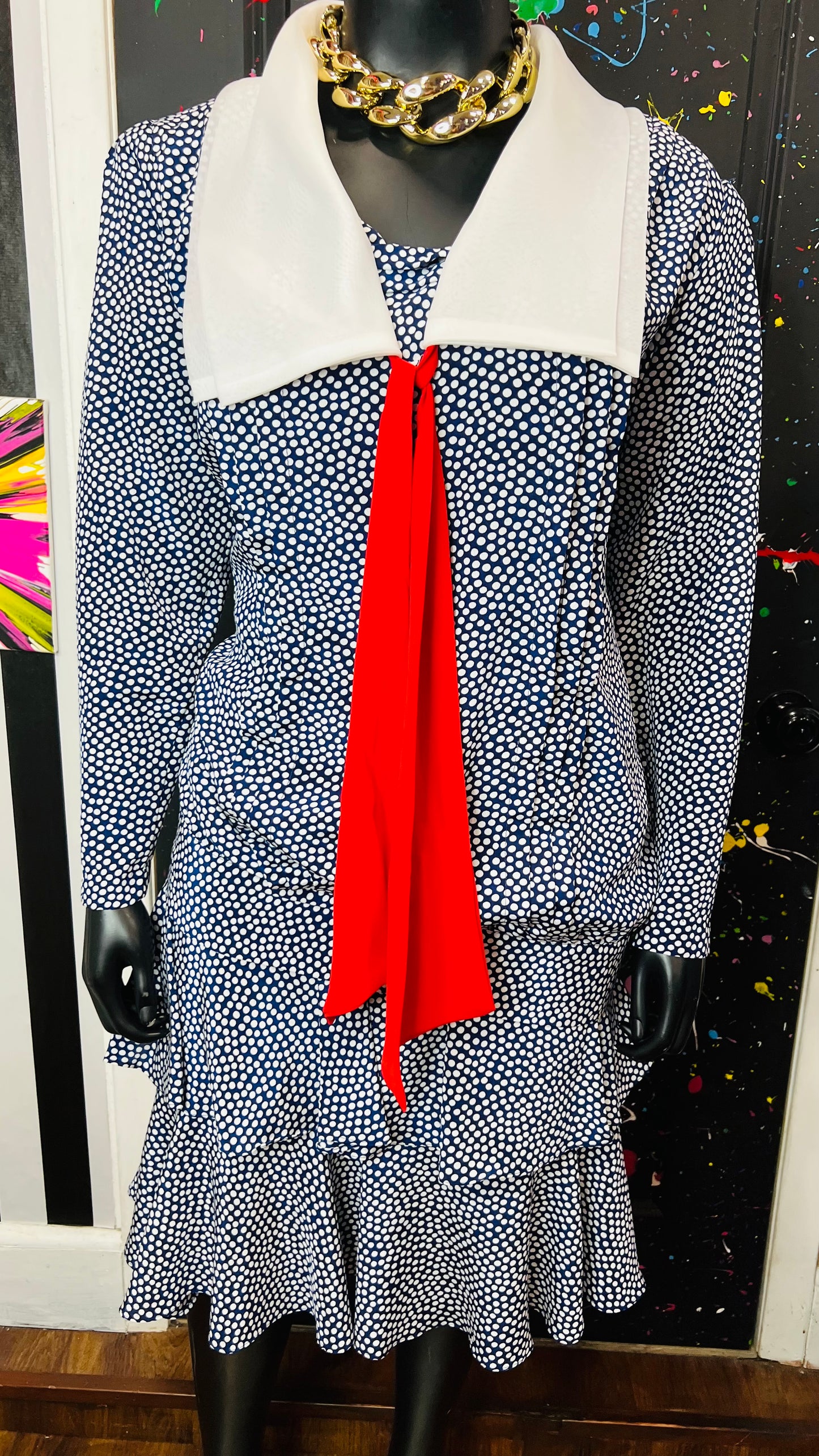 Vintage Polka Dot Navy Blue, Red & White Skirt Set (22W)