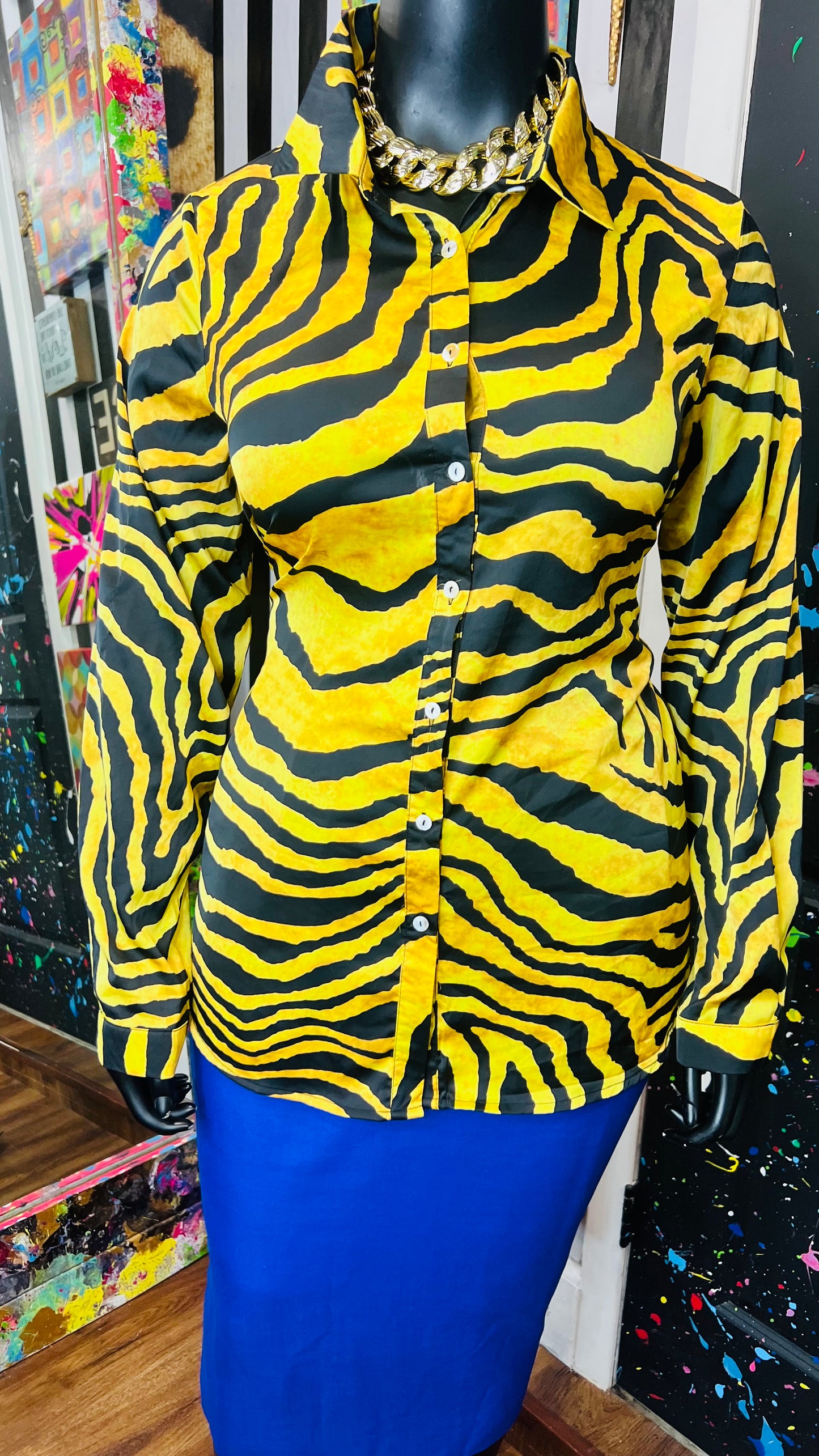 Gold Tiger Print Blouse Long Sleeve Blouse (20)