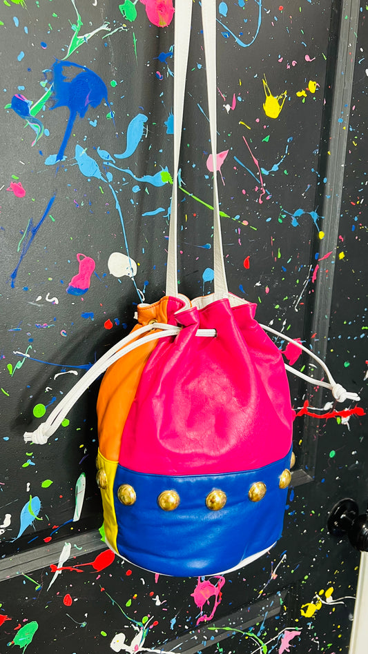 Vintage Genuine Leather Color Block Studded Bucket Bag