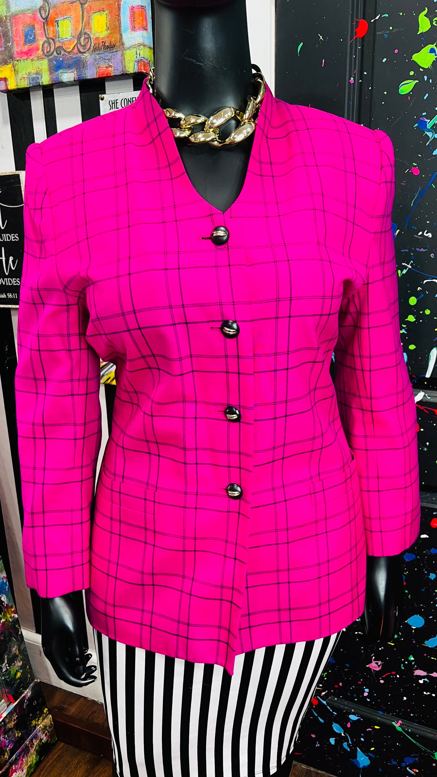 Vintage Pink & Black Striped Blazer Blouse (18)