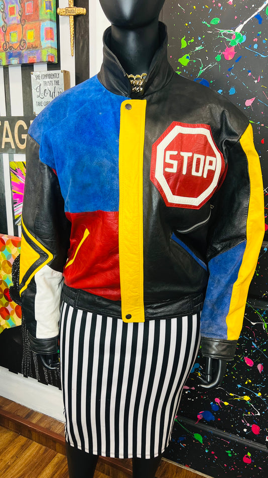 Vintage Road Sign Genuine Leather & Suede Jacket (20/22)