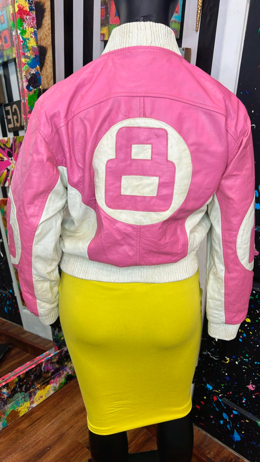 Vintage Genuine Leather Pink & Off White 8 Ball Jacket - 14/16