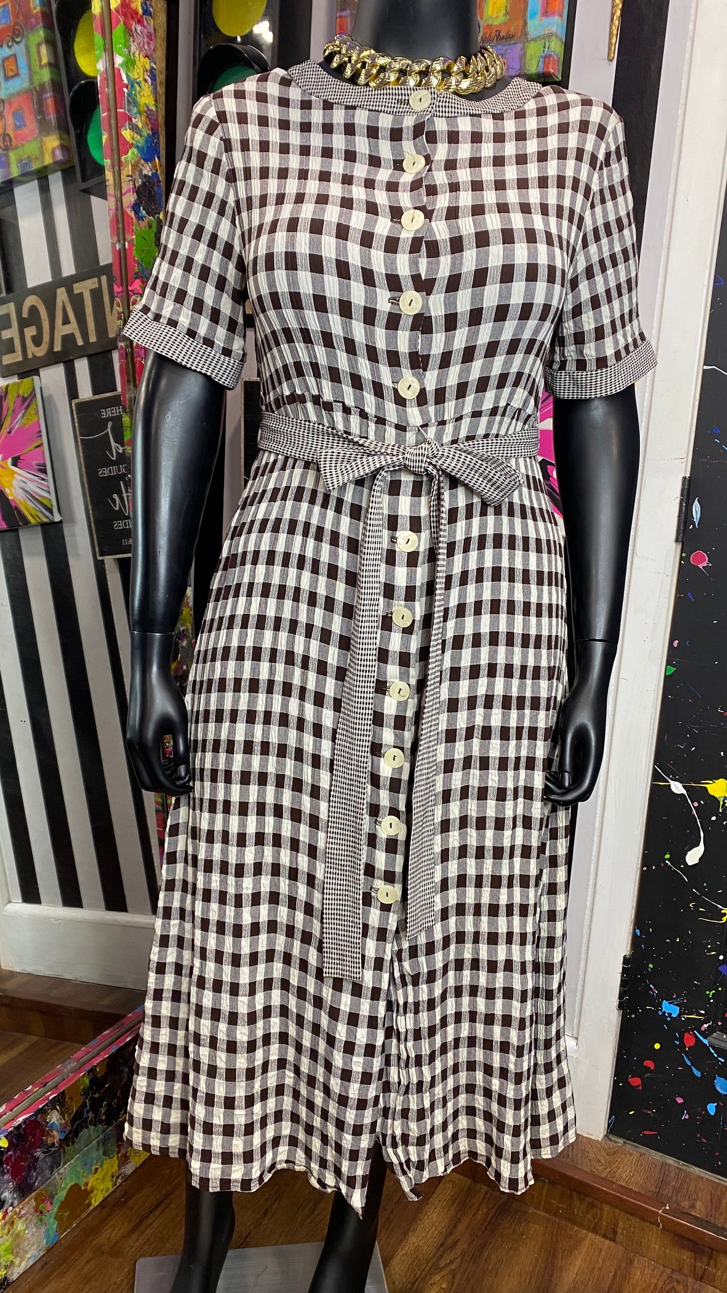 Vintage Brown & Cream Checkered Dress (16W)
