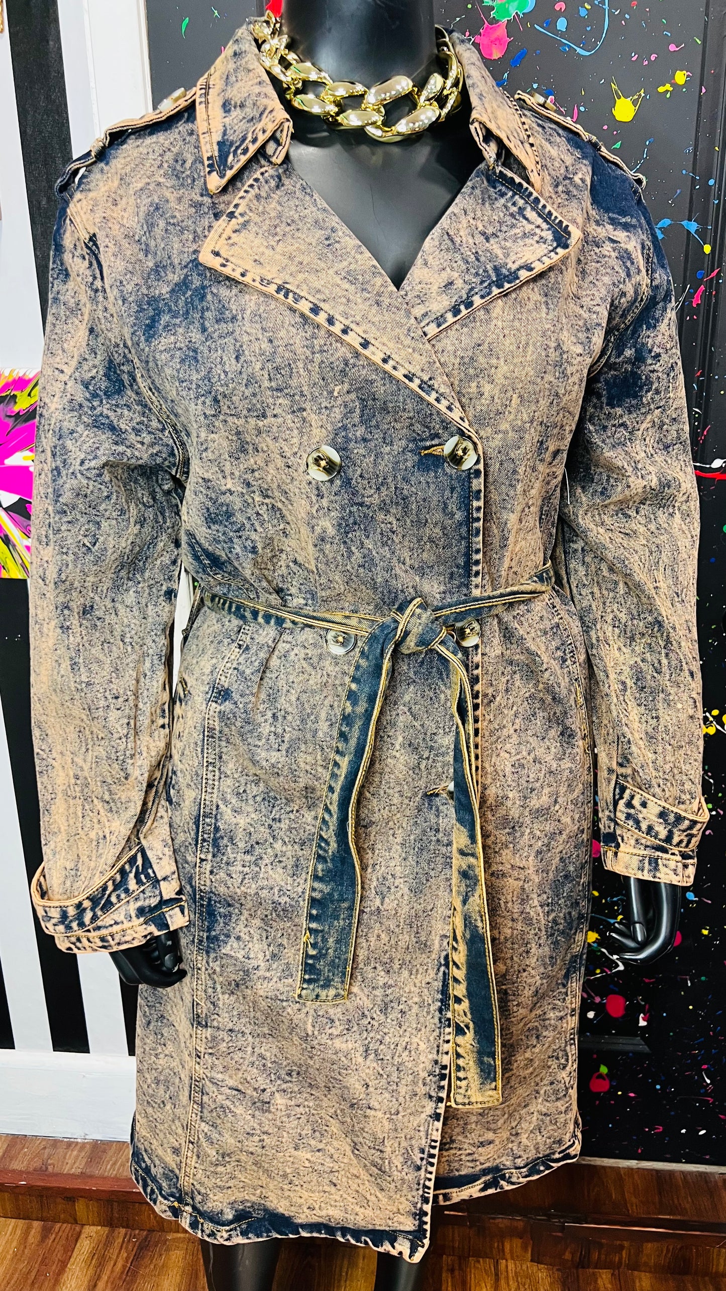 Denim Orange Tone Stone Wash Denim Trench Coat (20)