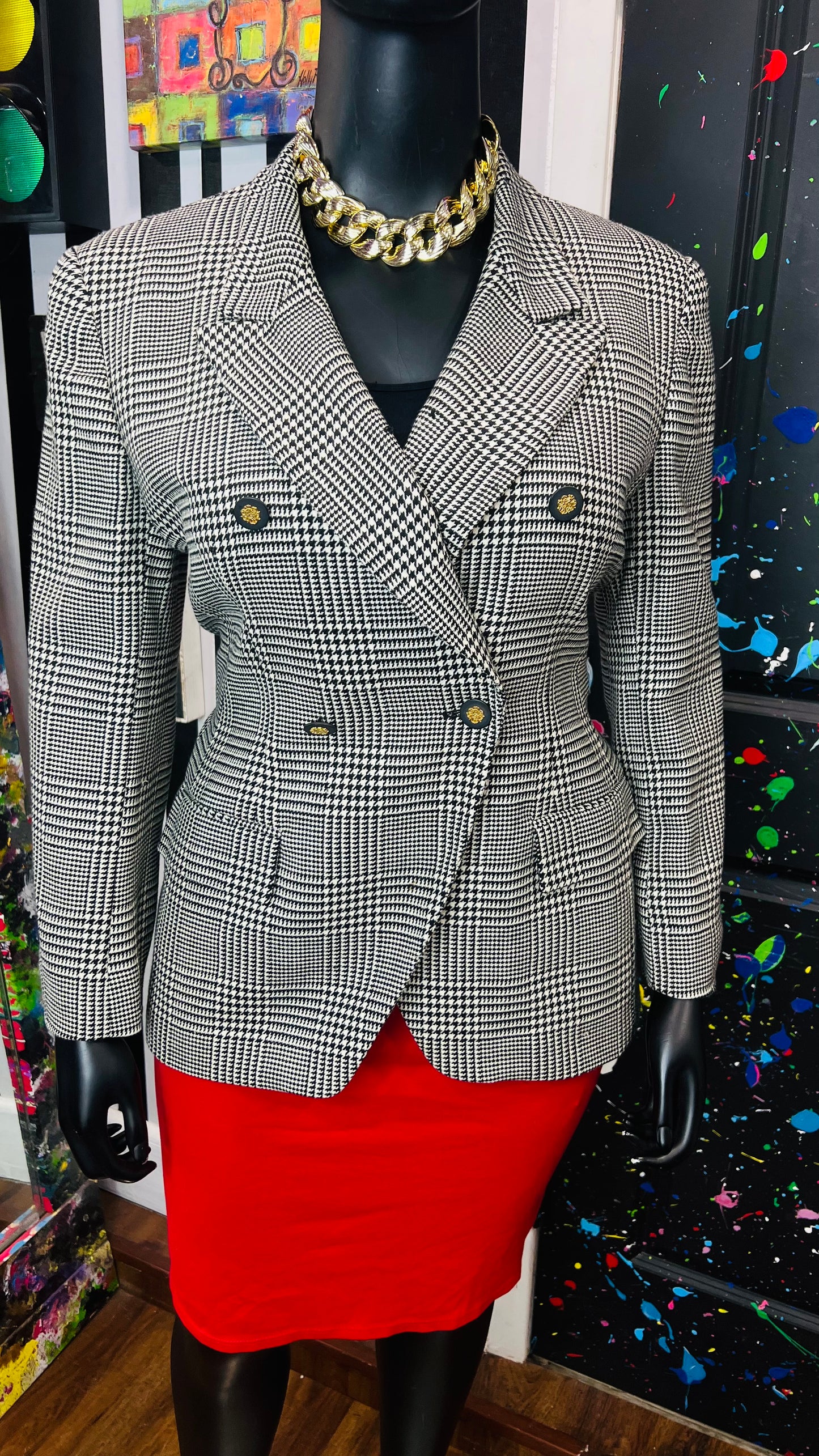 Vintage Houndstooth Blazer W/ Gold & Black Buttons (16)