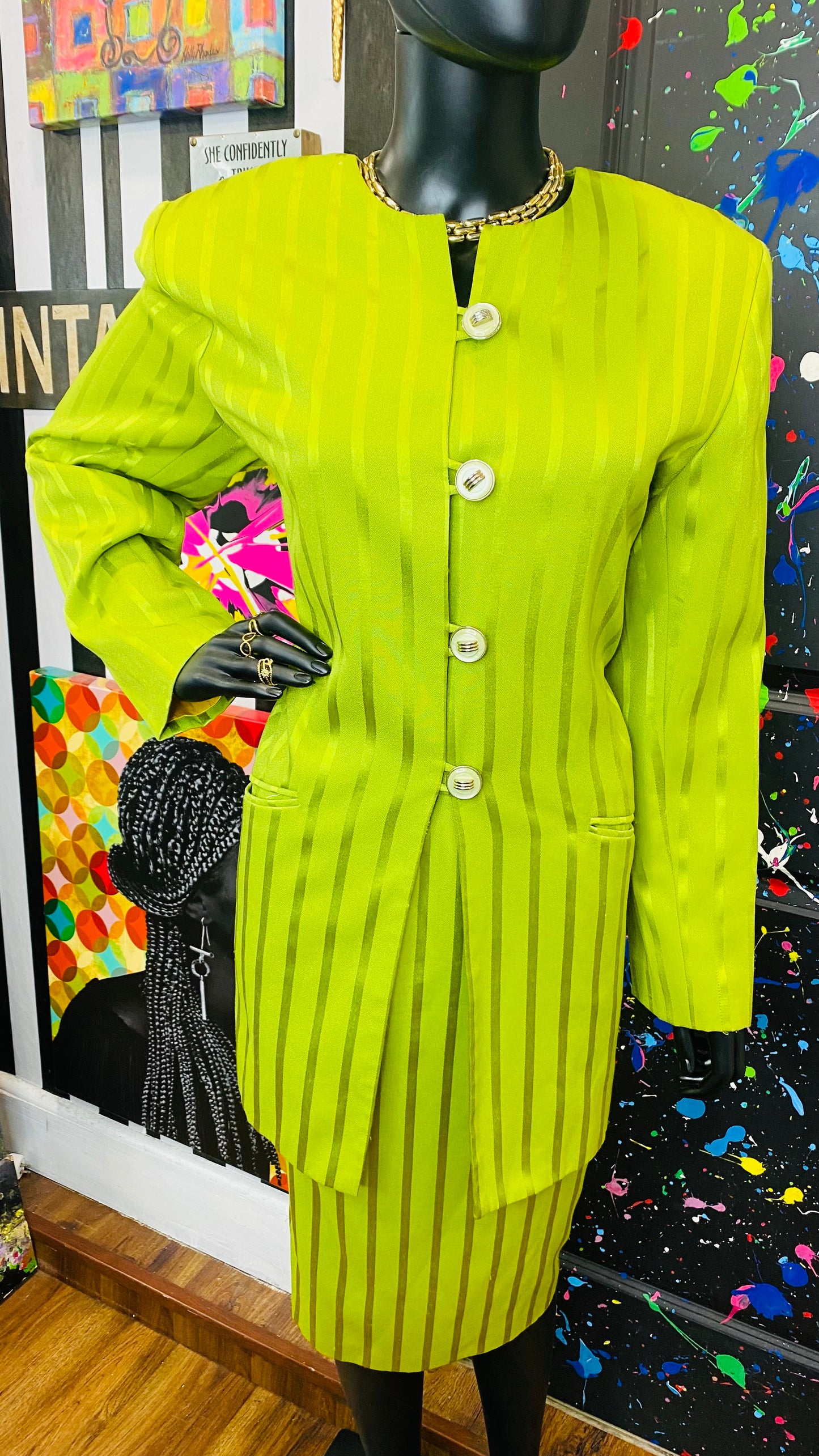 Vintage Green Striped Skirt Suit (14)