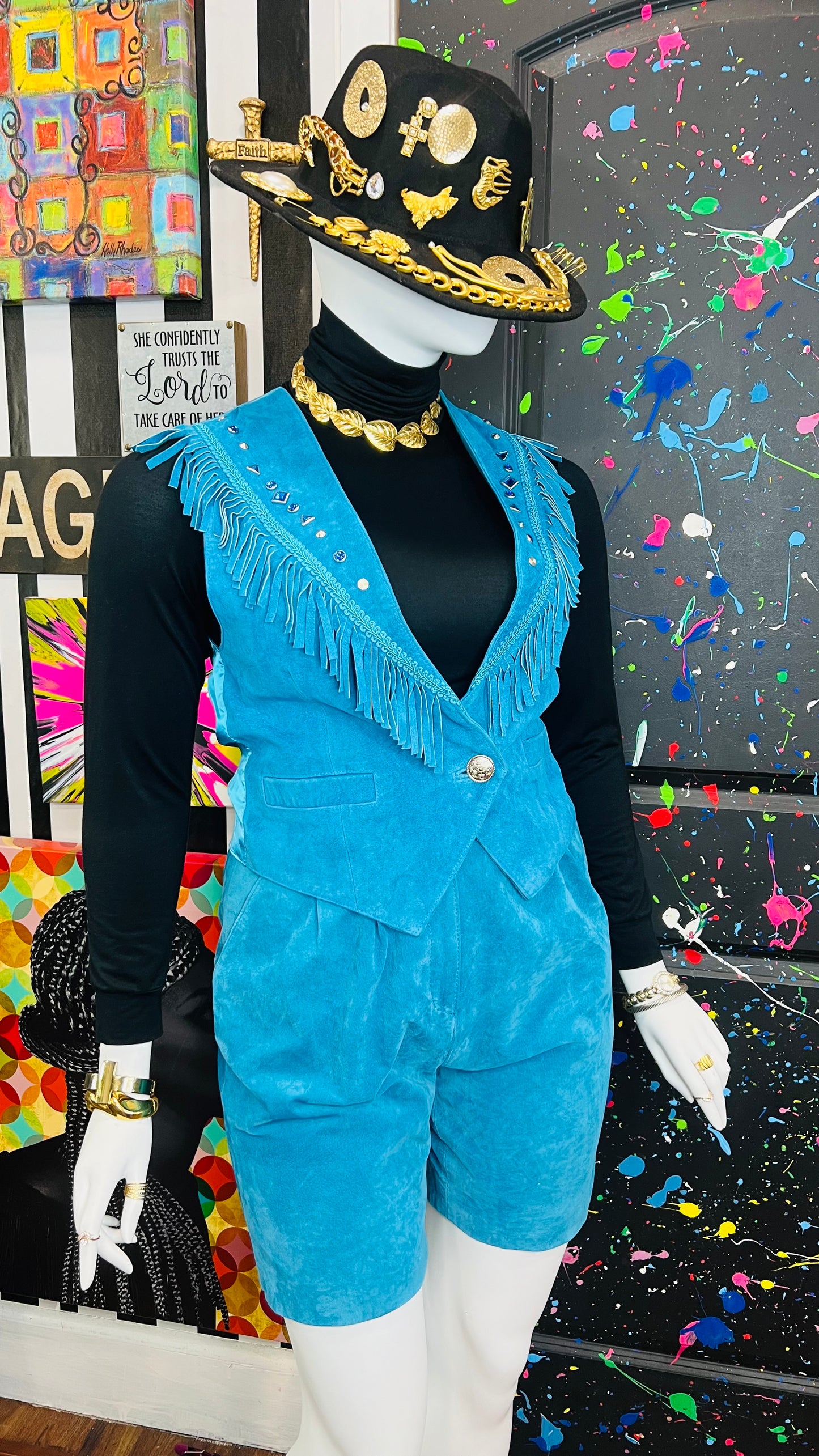 Vintage Suede Leather Fringe & Jewel Short Set (12/14)