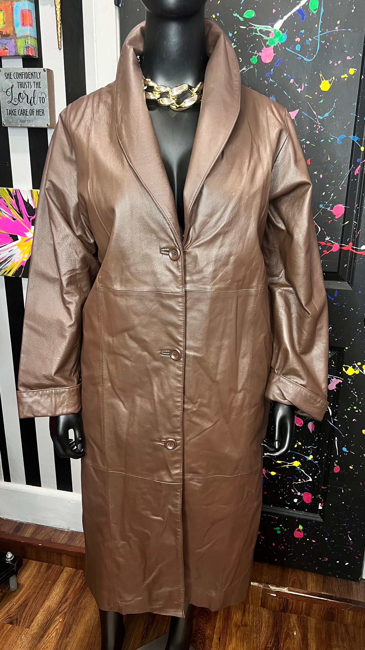 Vintage Chocolate Brown Genuine Leather Trench Coat (16)