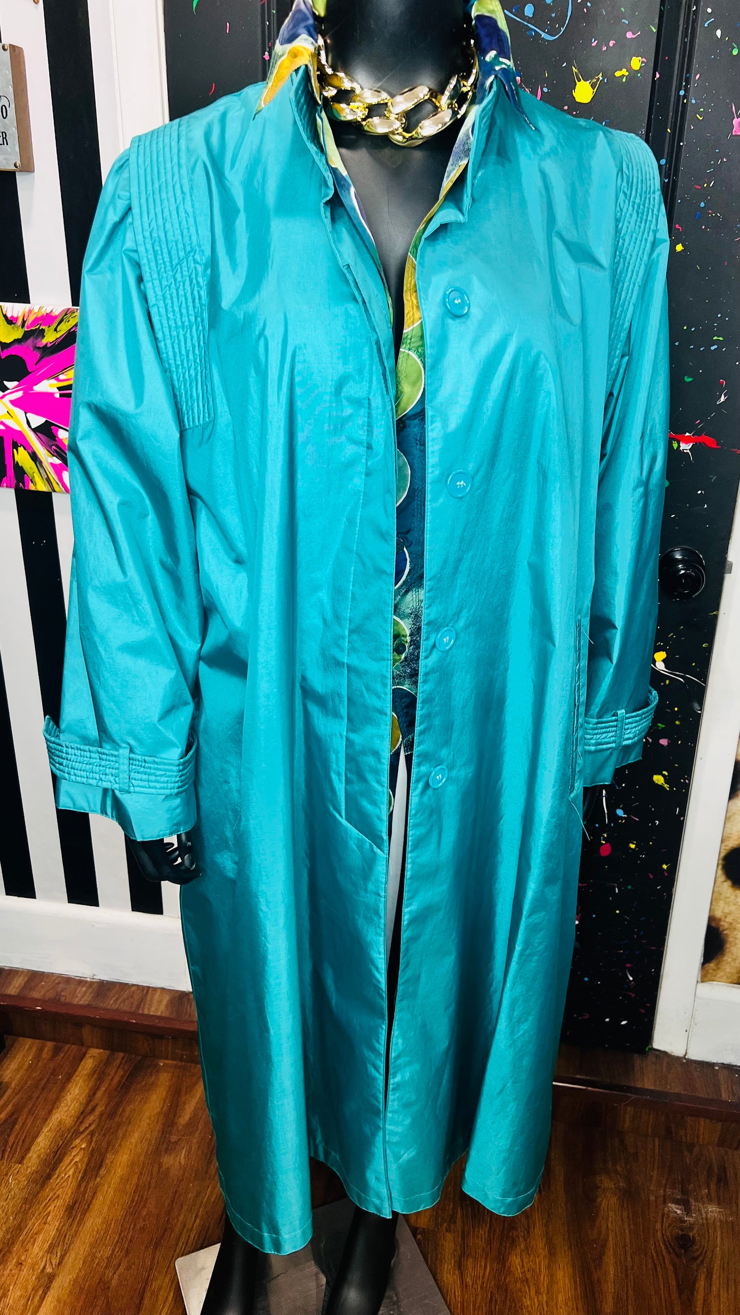 Vintage Teal Rain Trench Coat (24)