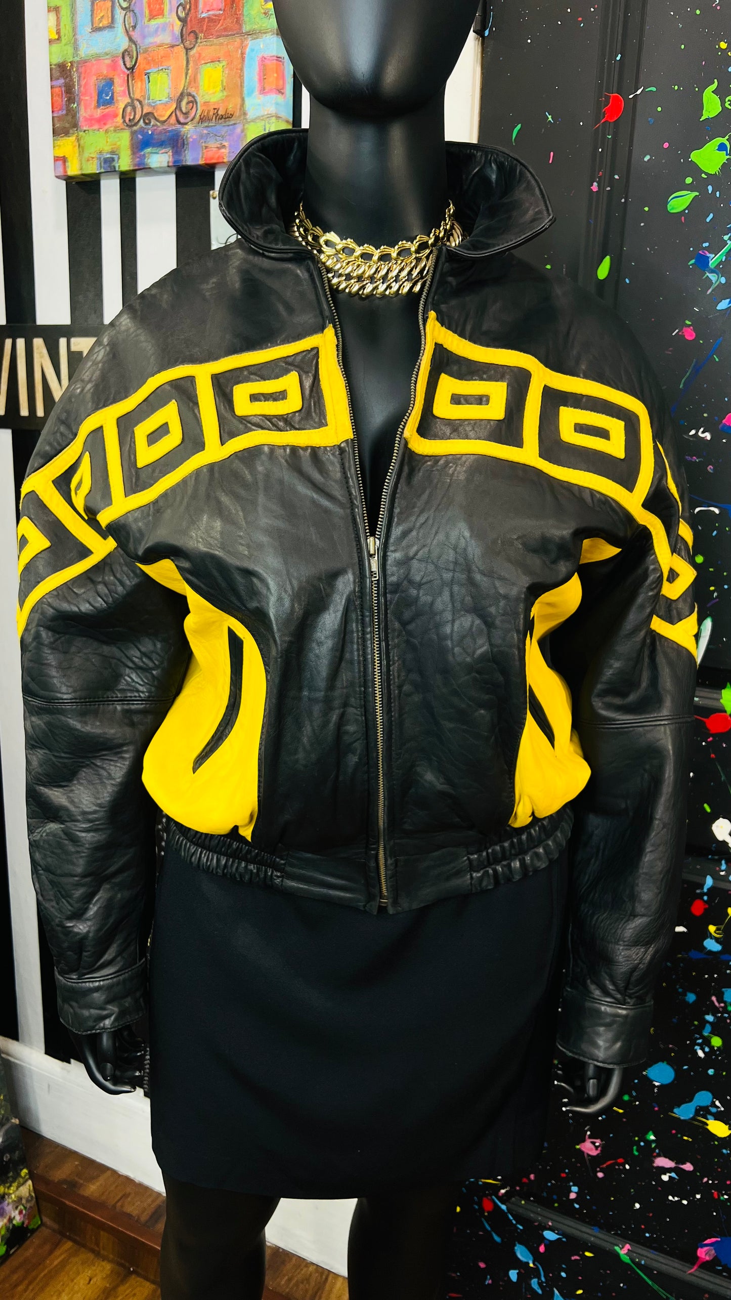 Vintage Genuine Leather Yellow & Black Tribal Print Coat (16/18)