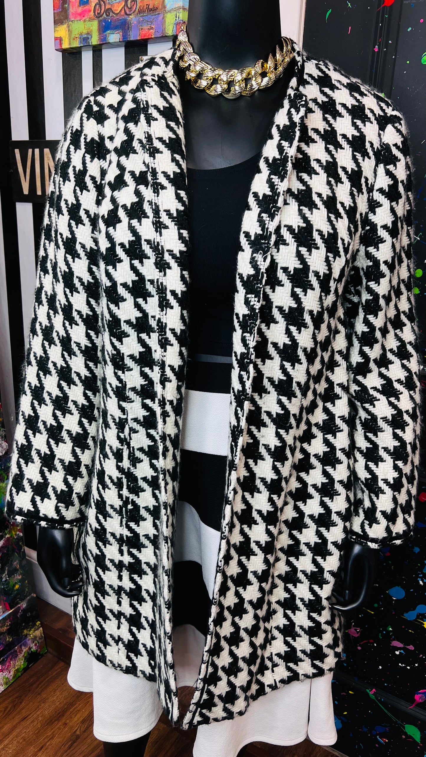 Vintage Black & White Houndstooth Wool Coat (20W)