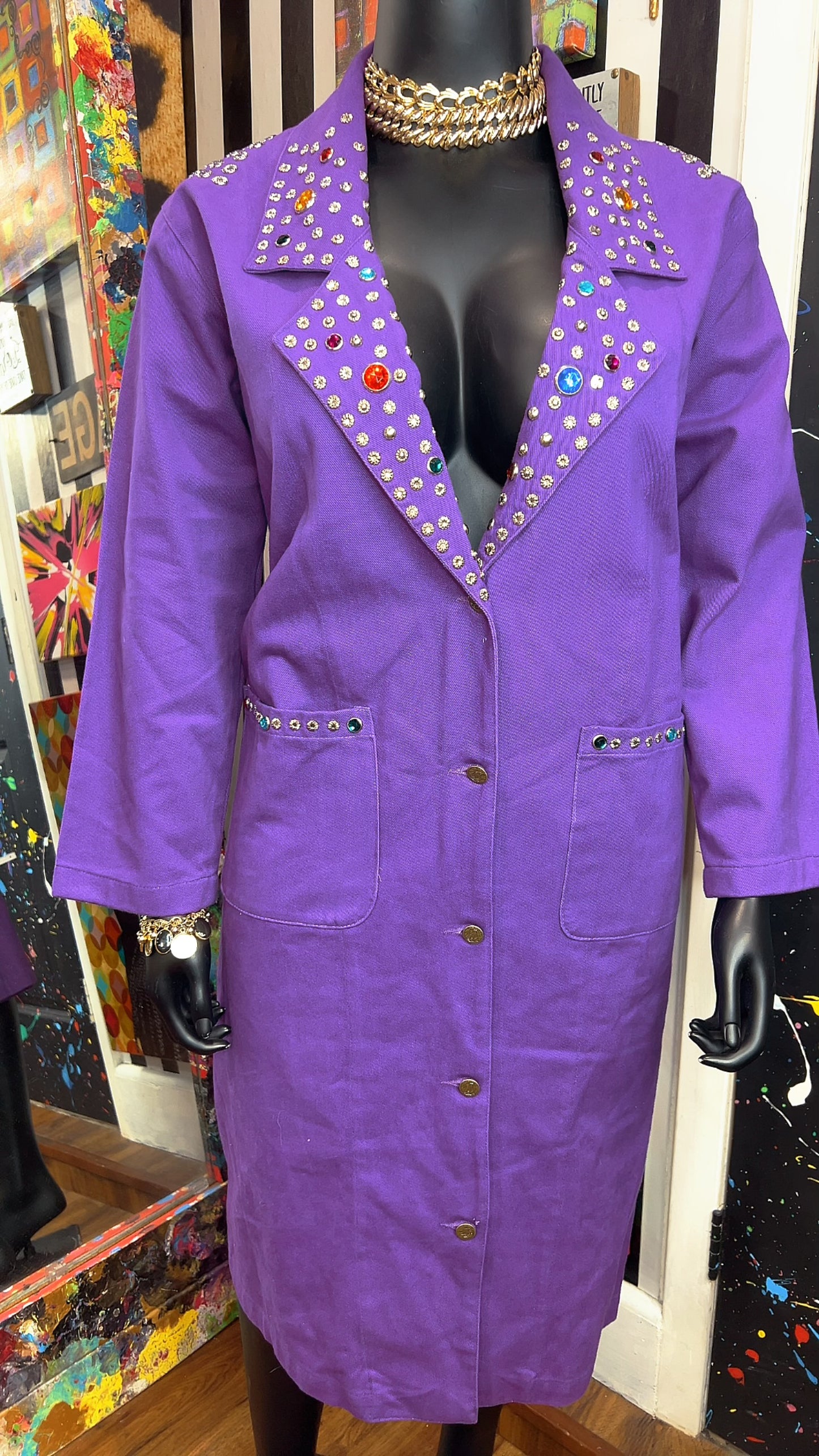 Vintage Purple Denim Jeweled Trench Coat (16)