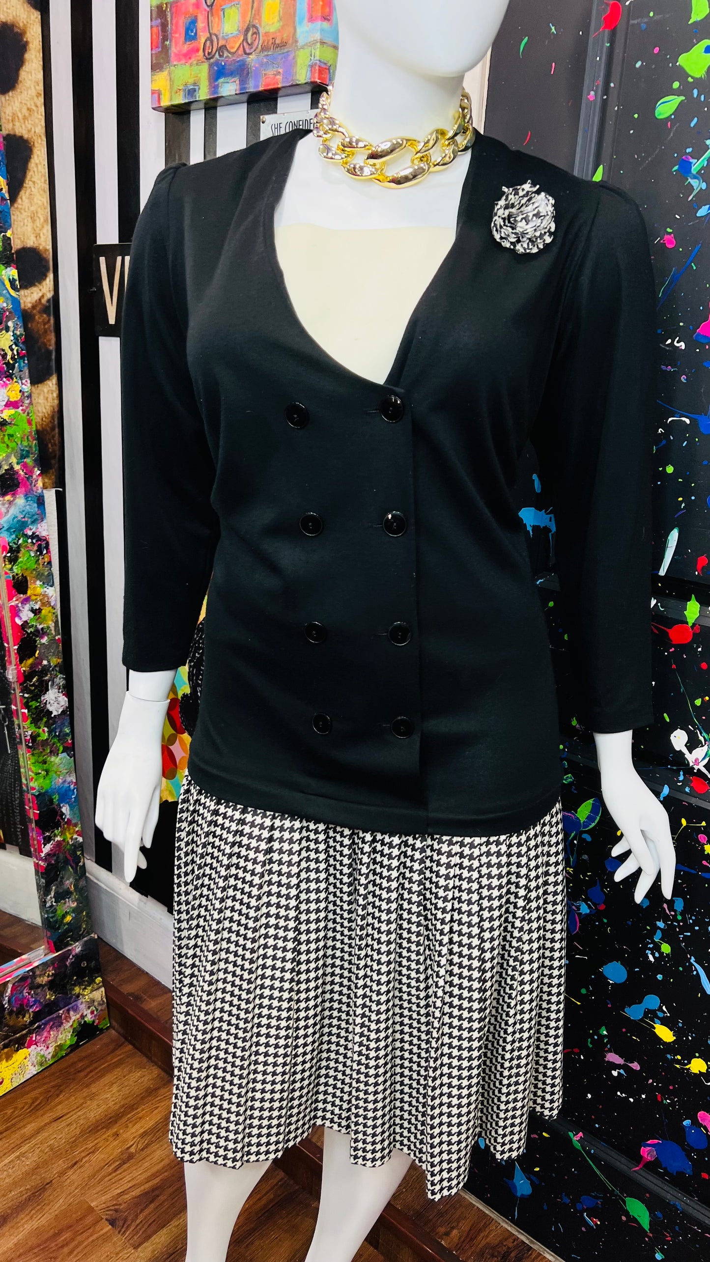 Vintage Houndstooth & Solid Black Dress (24W)