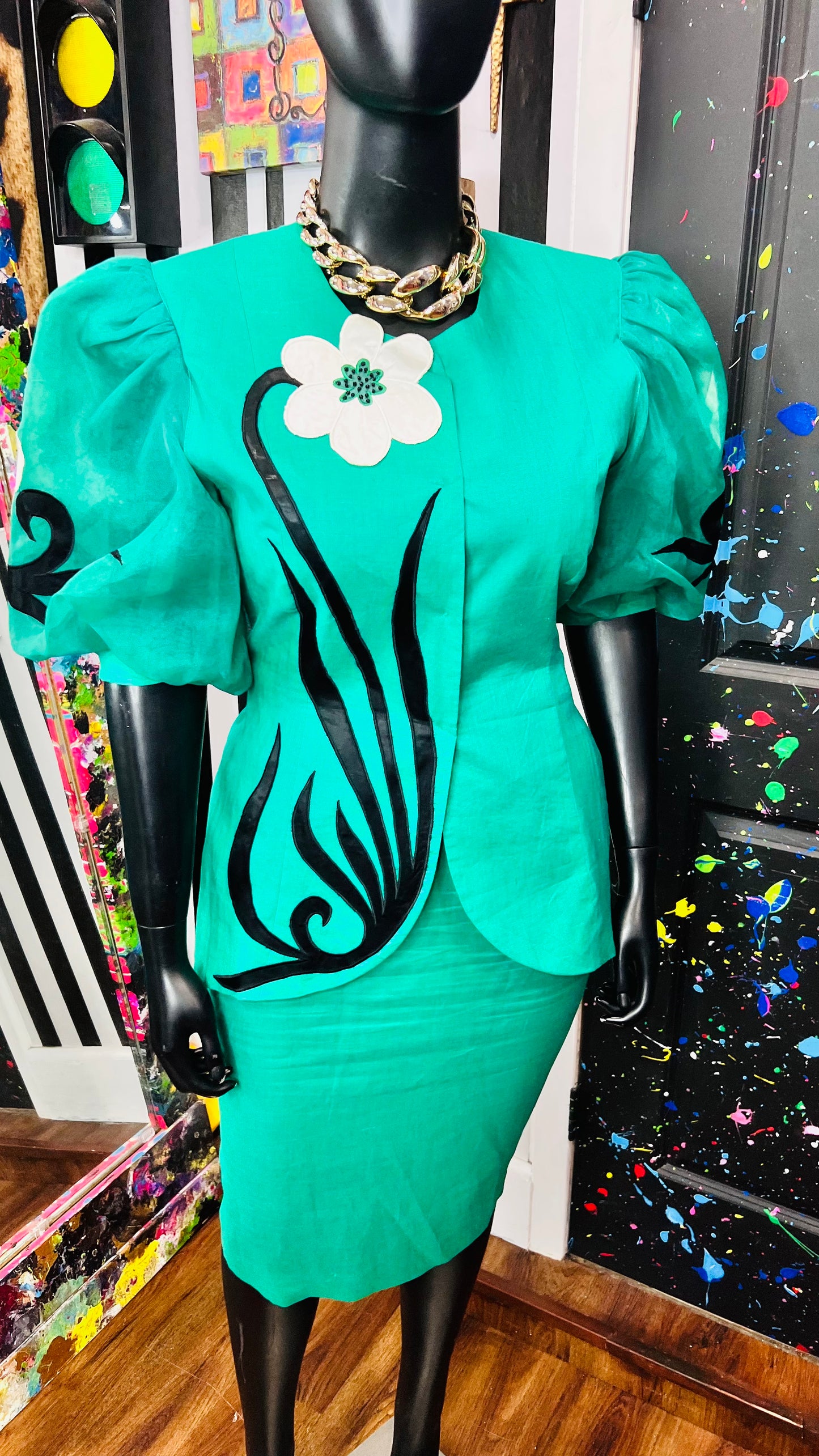 Vintage Green Black & White Skirt Suit (14)