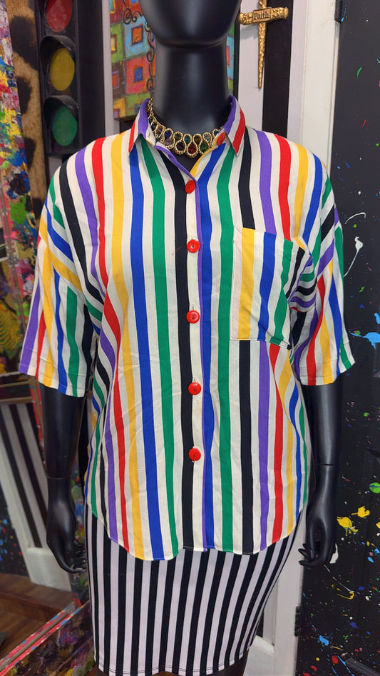 Vintage Rayon Color Block Striped Blouse (20)