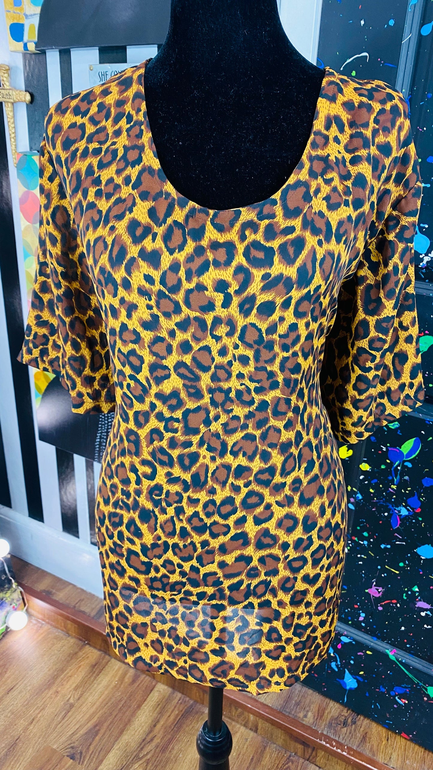 Vintage Leopard Print Short-Sleeve Blouse