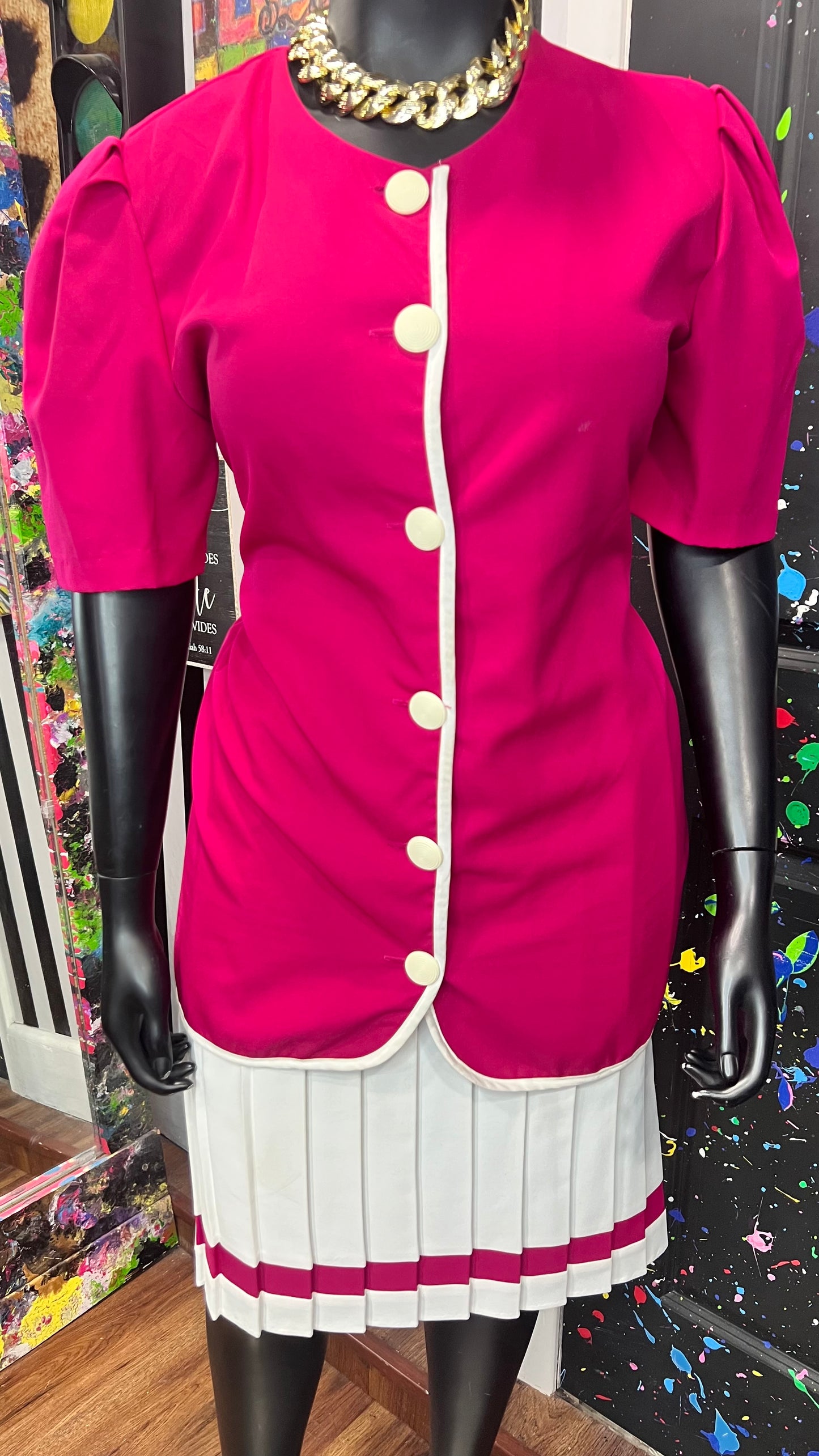 Vintage Pink & White Pleated Skirt Set (18)