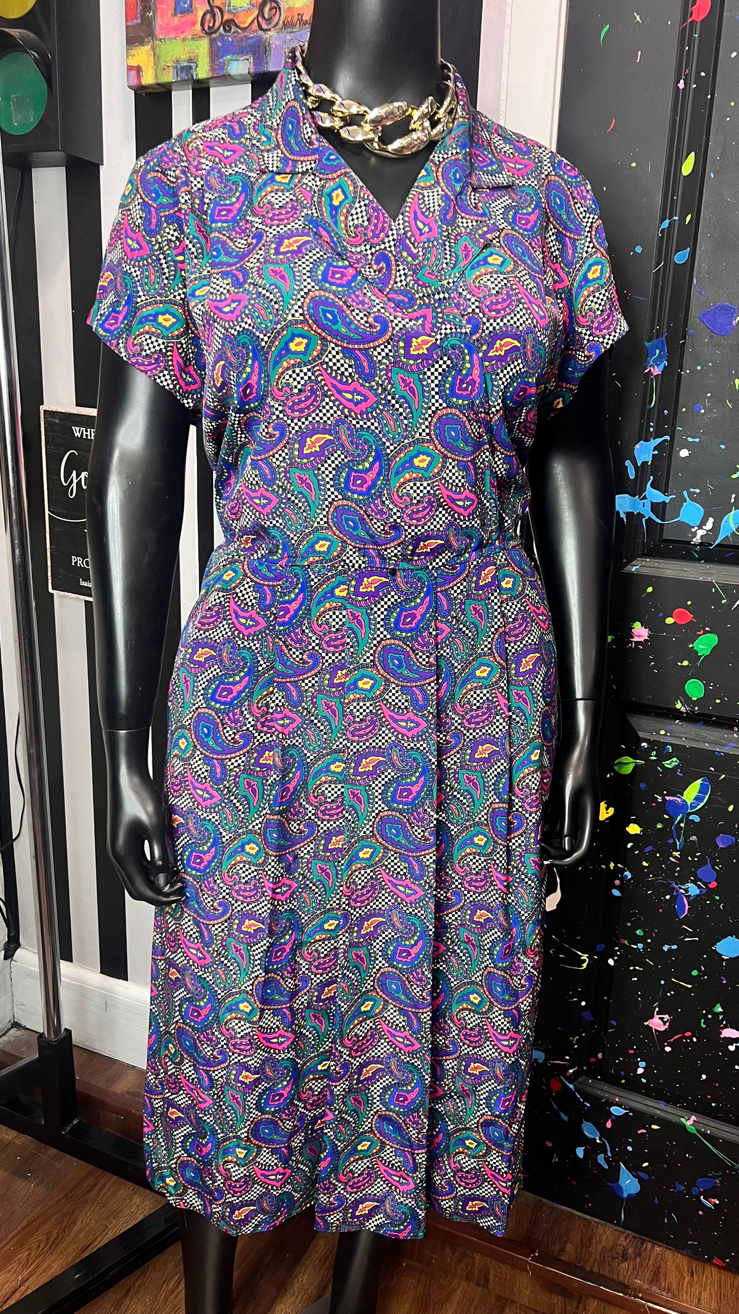 Vintage Checkered Paisley Dress (14W)